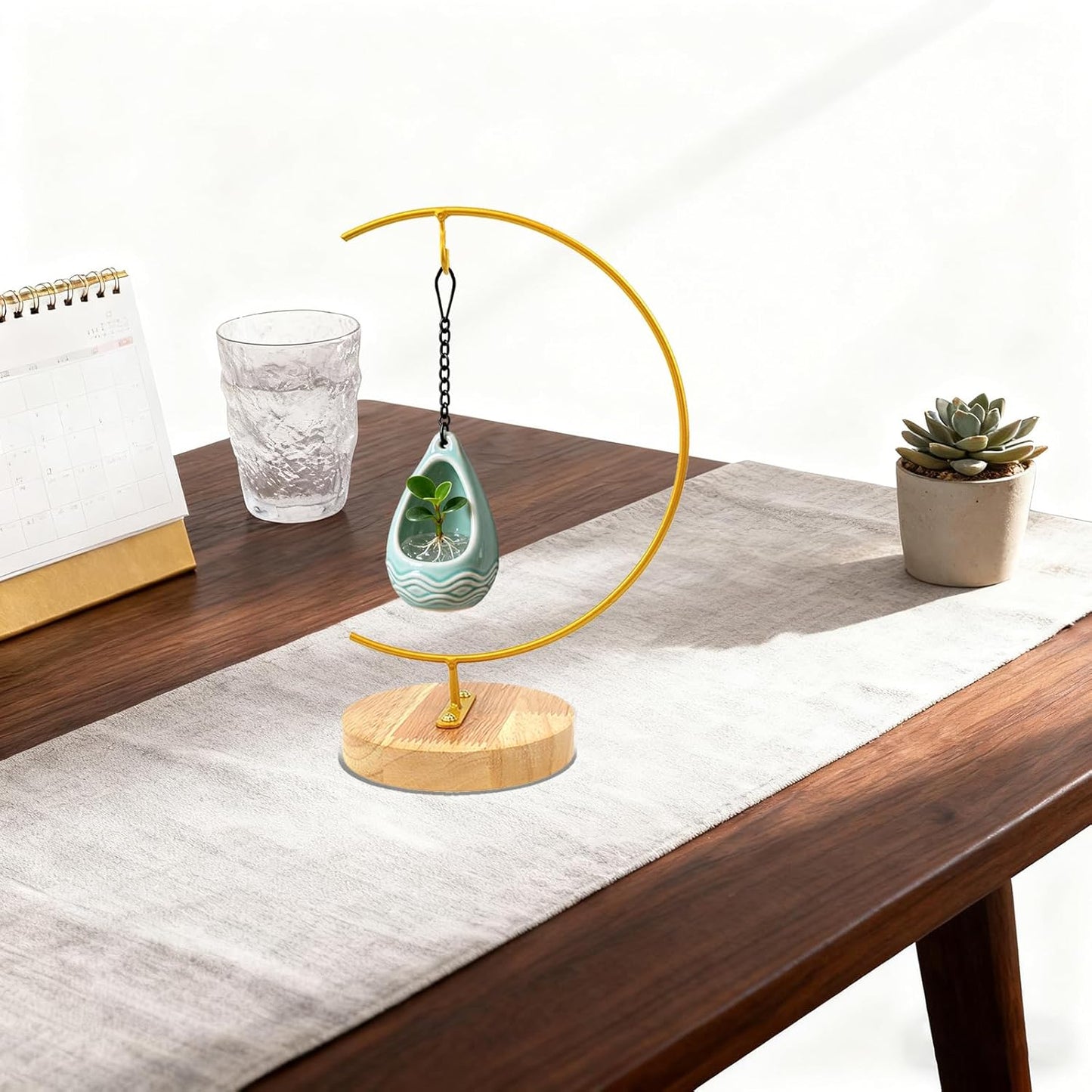 WAJJ Ornament Display Stand, 1 Pack Iron Hanging Stand Rack Holder for Hanging Glass Globe Air Plant Terrarium, Witch Ball and Home Wedding Decoration (Round Wood Gold)