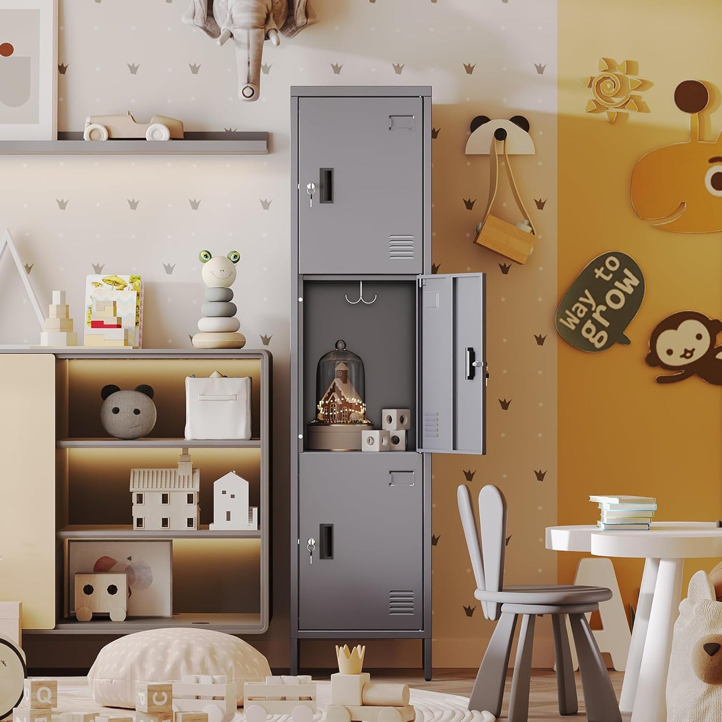 66" H*15.75" D*15.75" W Steel Storage Cabinet,3 Doors Metal Storage Locker for Employees,Employee Lockers with Lock,Hooks and Card Slot for School Gym Home Office, Assembly Required,Dark Grey,240 LBS