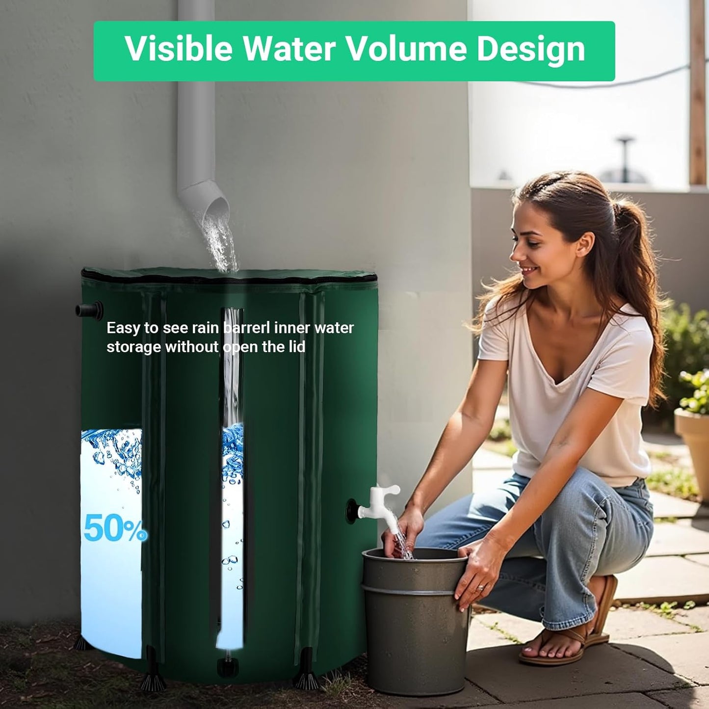 50 Gallon / 200L Collapsible Rain Barrel, Foldable PVC Rain Barrels to Collect Rainwater from Gutter, Portable Water Storage Tank Container with Hose Spigot, Water Catcher Collector Green