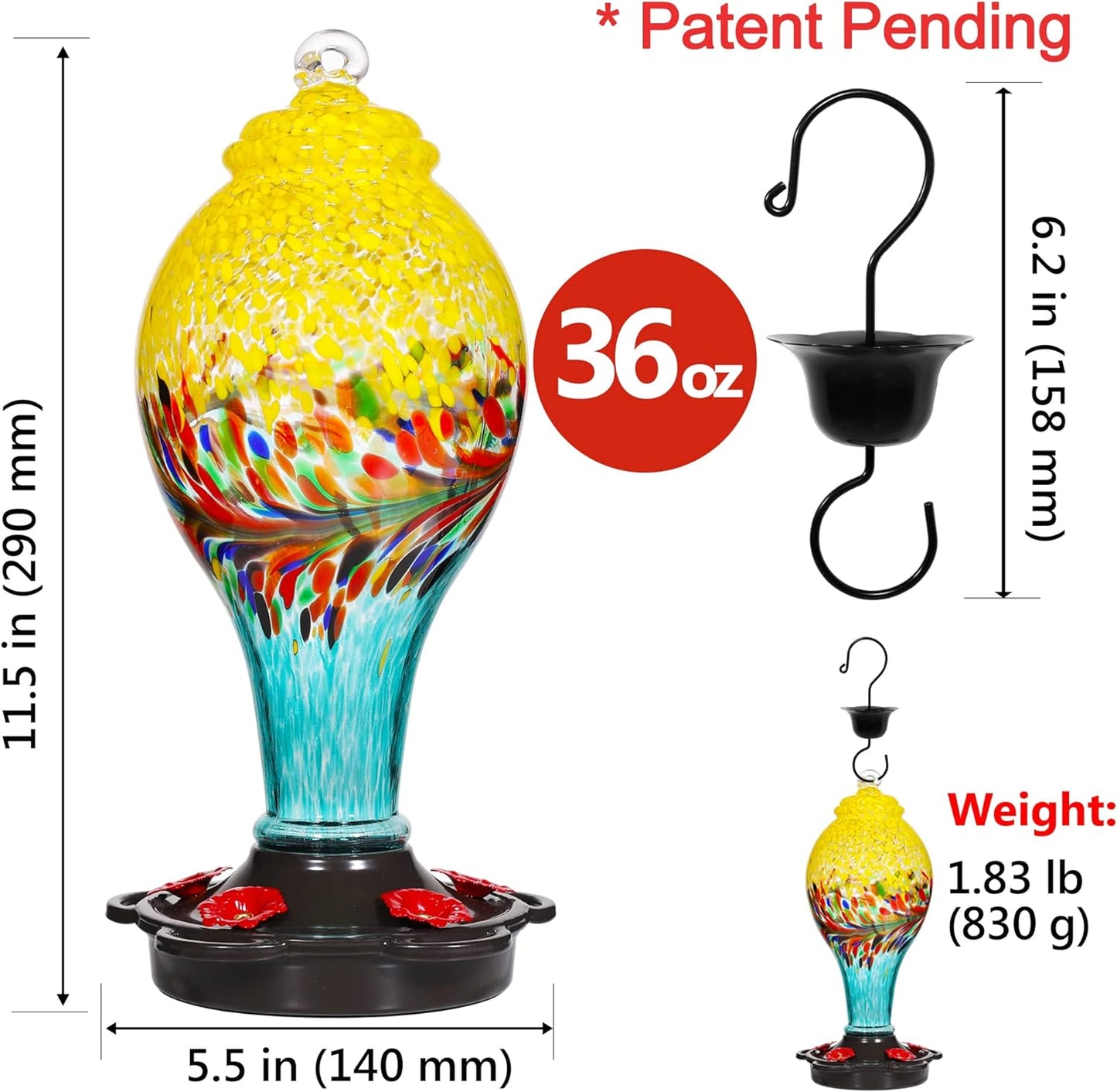 LUJII Hand Blown Glass Hummingbird Feeder for Outdoors with Ant Moat, Leak Proof & Rustproof,36 fl.oz, Metal Base Cover with 5 Feeding Ports & 5 Perches, Glass Art for Garden Decor (Blue Mixed Yellow)