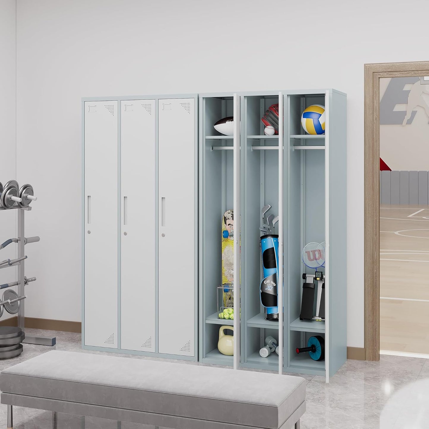 Metal Locker with 3 Doors Employees Locker, Metal Storage Locker with Hooks, 71" Storage Cabinet Lockers for Employees, Home, Office, Gym Requires Assembly (Grey White)