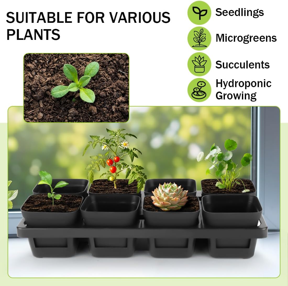 8 Cell Nursery Pots Trays 6 Pack (12" x 6"), 3 inch Square Plastic Nursery Pots 48 Pcs, Durable Carrying Seed Starter Tray, Planting Trays for Holding Small Seedling Pots with Drain Holes (Black)