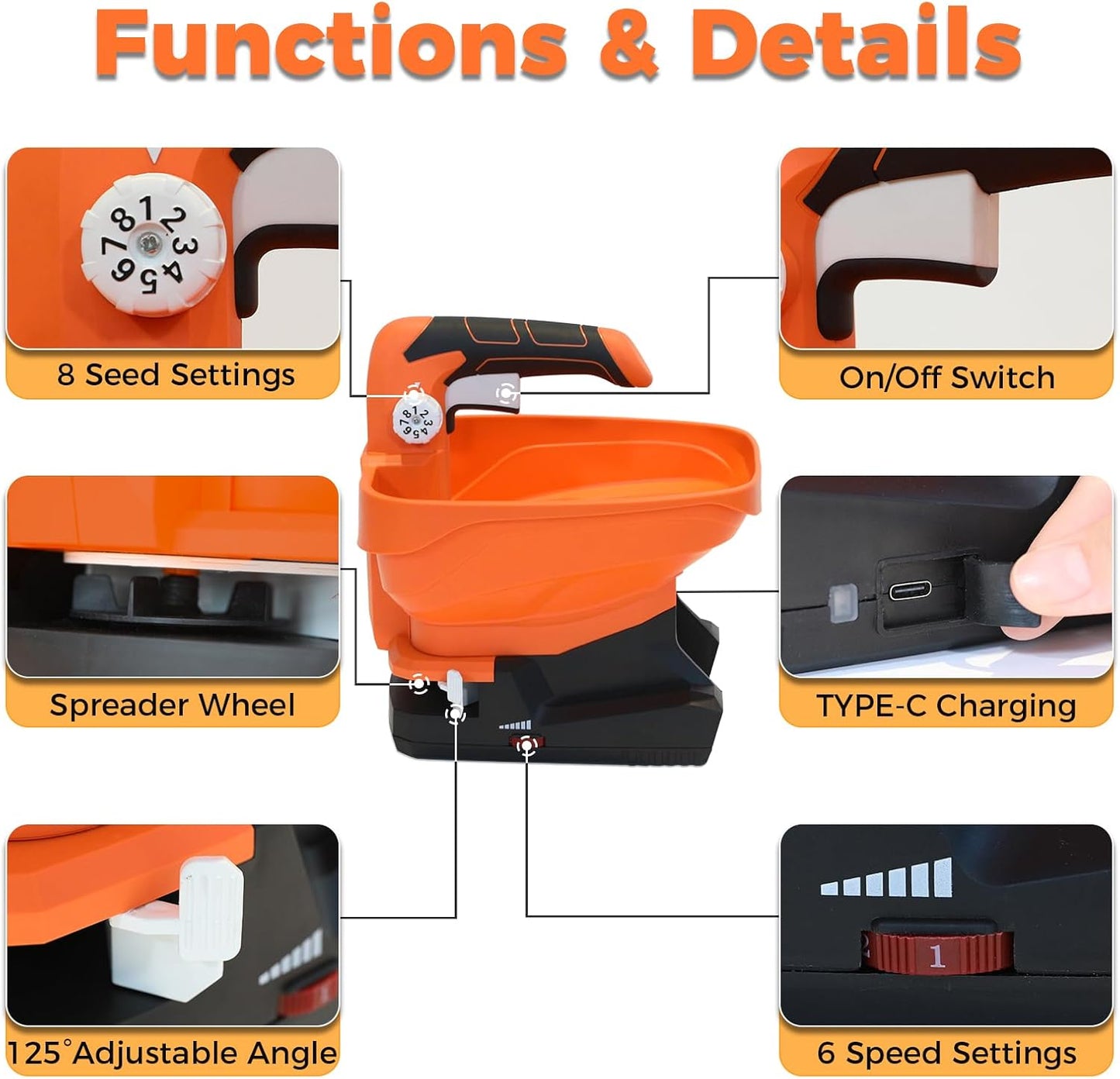 Seed Spreader, USB Rechargeable Handheld Grass Seed Spreader, Fertilizer Spreader with 8 Seed Settings & 6 Speed Levels, Lawn Spreader for Seed, Feed, Weed, and Salt (Battery Included)