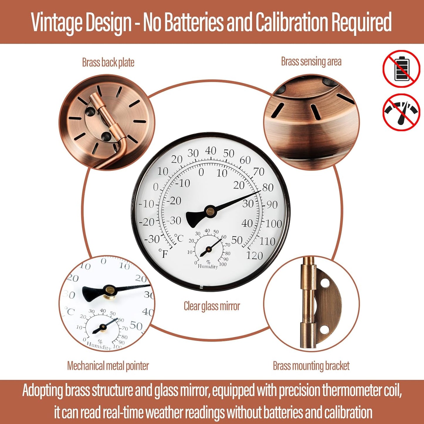 6 INCH Outdoor Thermometer, Decorative Outside Thermometer for Patio,Window,Greenhouse and Garage