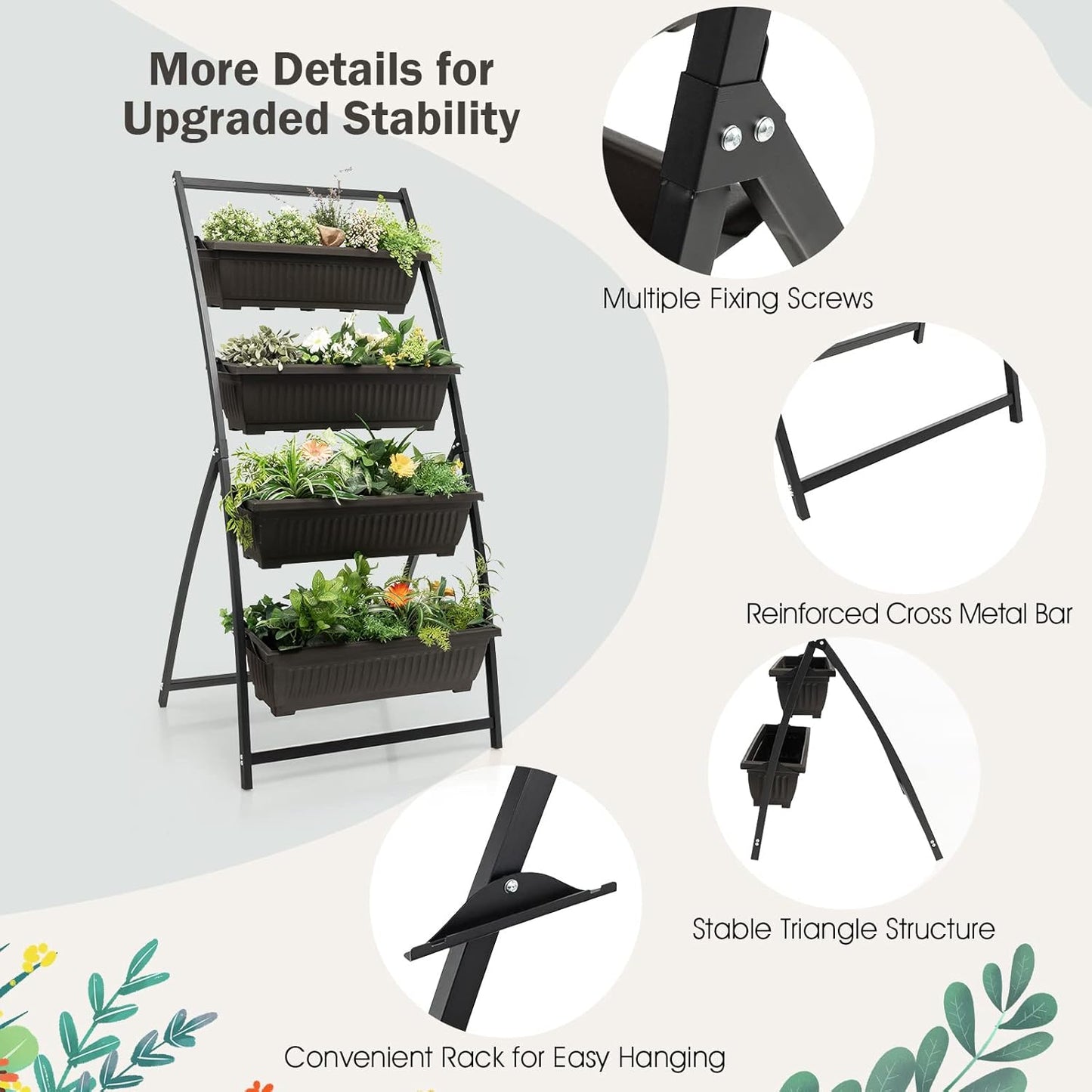 Giantex 2 Pcs 5.2FT Vertical Raised Garden Bed, 4-Tier Elevated Planter Box w/4 Containers & Drainage Holes, Indoor Outdoor Freestanding Planter for Vegetables, Herbs, Flowers, Heavy-Duty Metal Frame