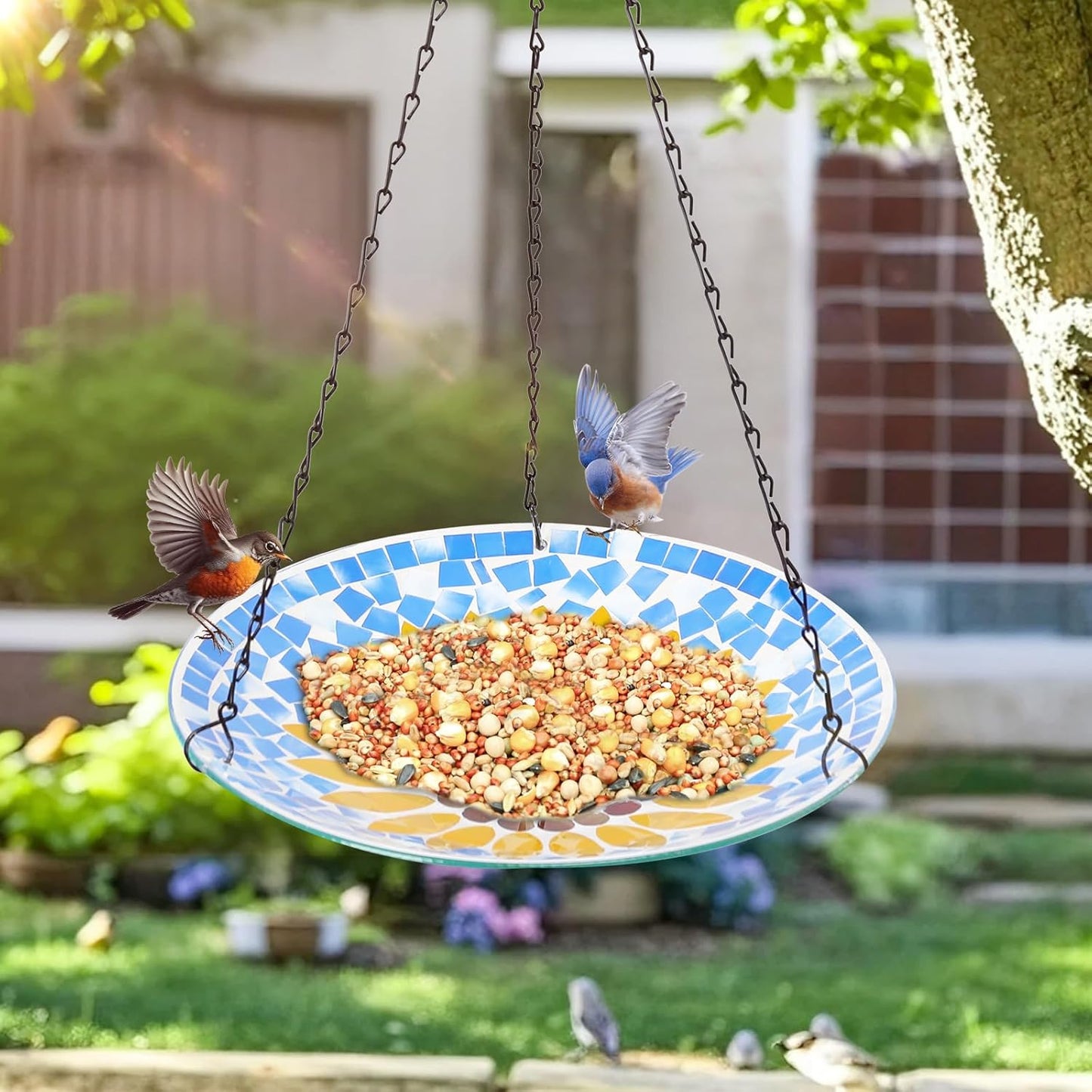 MUMTOP Mosaic Hanging Bird Bath-Bird Baths for Outdoors - 12 Inch Glass Birdbath Bird Water Bowl Bird Feeders for Outside, Garden, Lawn Yard Decor(Sunflower)