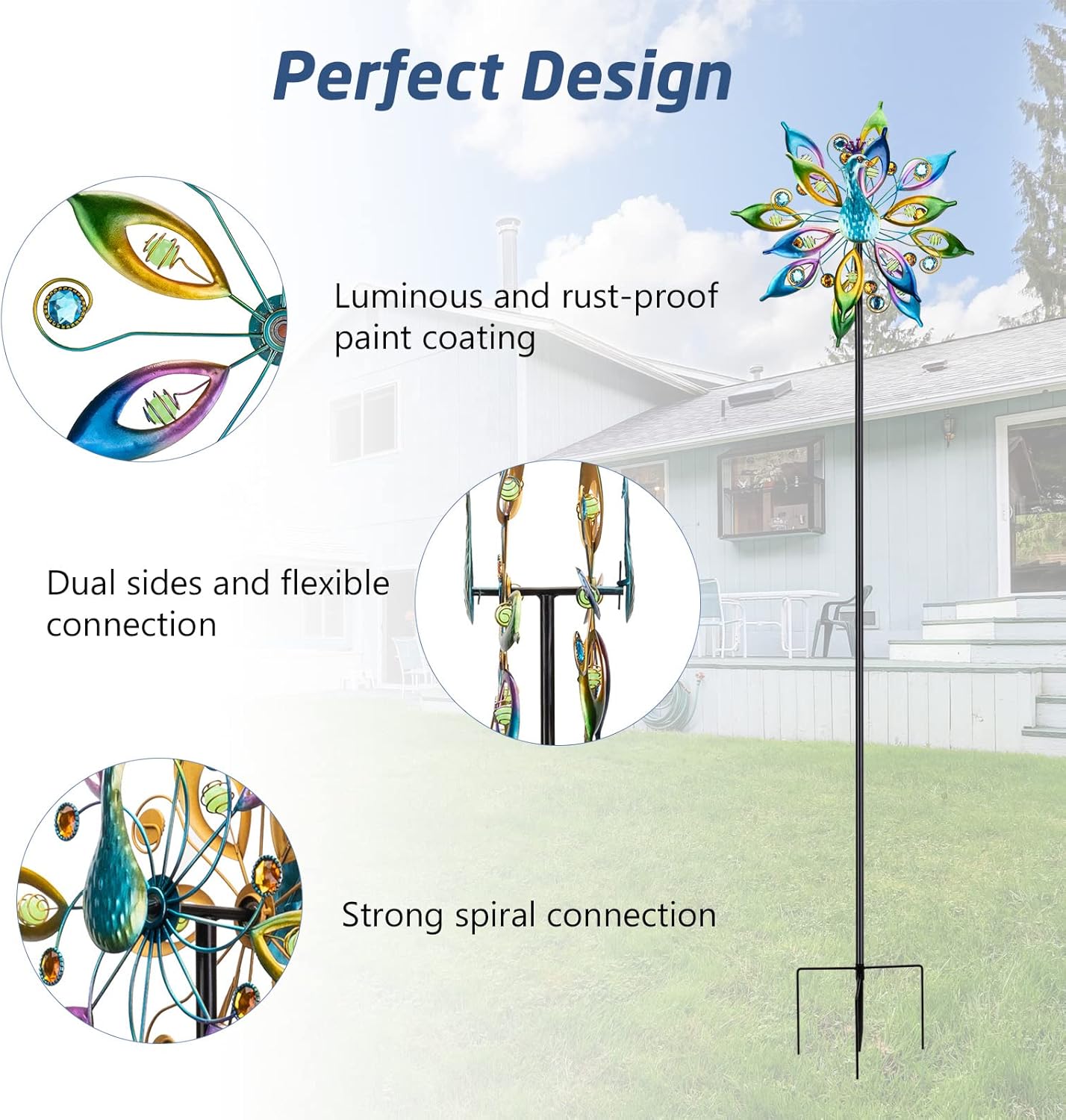 DREAMYSOUL Outdoor Peacock Wind Spinners with Gem Decor, 13" D*65" H Double Sided Kinetic Wind Sculptures & Spinners, Metal Wind Spinners for Yard and Garden