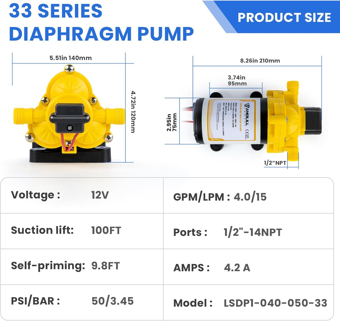 Anbull 12V RV Water Transfer Pump, 4.0GPM/50PSI Fresh Water Pressure Diaphragm Pump, Self-priming Water Pump for Marine Camper Yacht Lawn