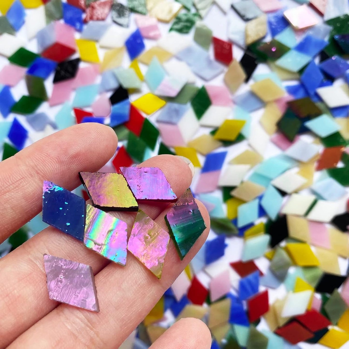 Magic Iridescent Mosaic Tiles for Crafts, 530 Pieces Colorful Stained Glass Sheets Pieces for Mosaic Projects, Diamond Shapes with Assorted Rainbow Colors