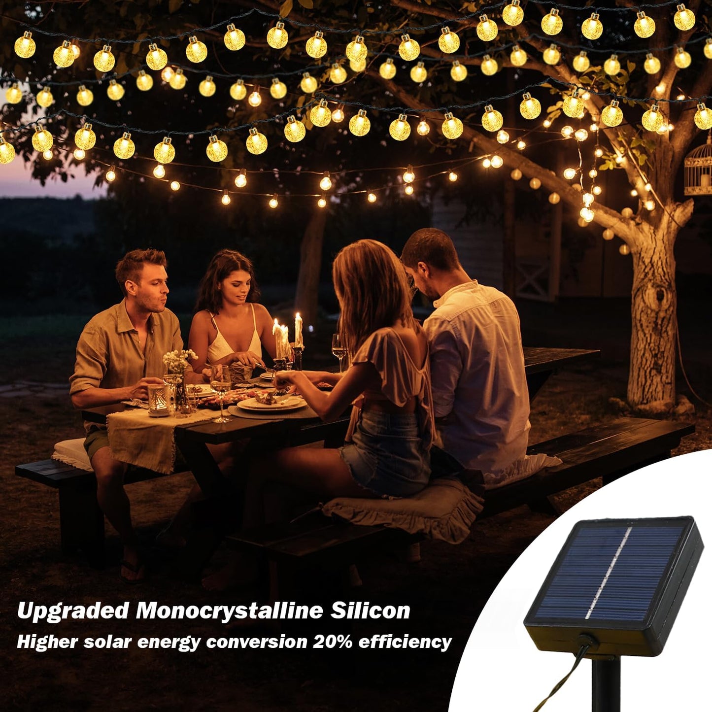 Solar Lights Outdoor Waterproof, 2 Pack Total 200LED 110FT Solar String Lights for Outside with 8 Modes, Outdoor String Lights Crystal Globe Patio Lights for Garden Yard Party Decor(Warm White)