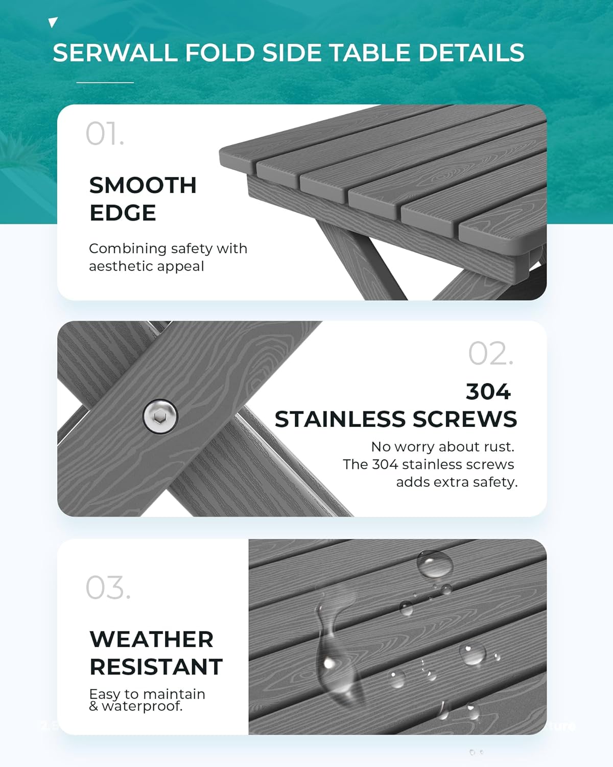 SERWALL Folding Outdoor Side Table Set of 2, Portable Adirondack Side Table, Gray