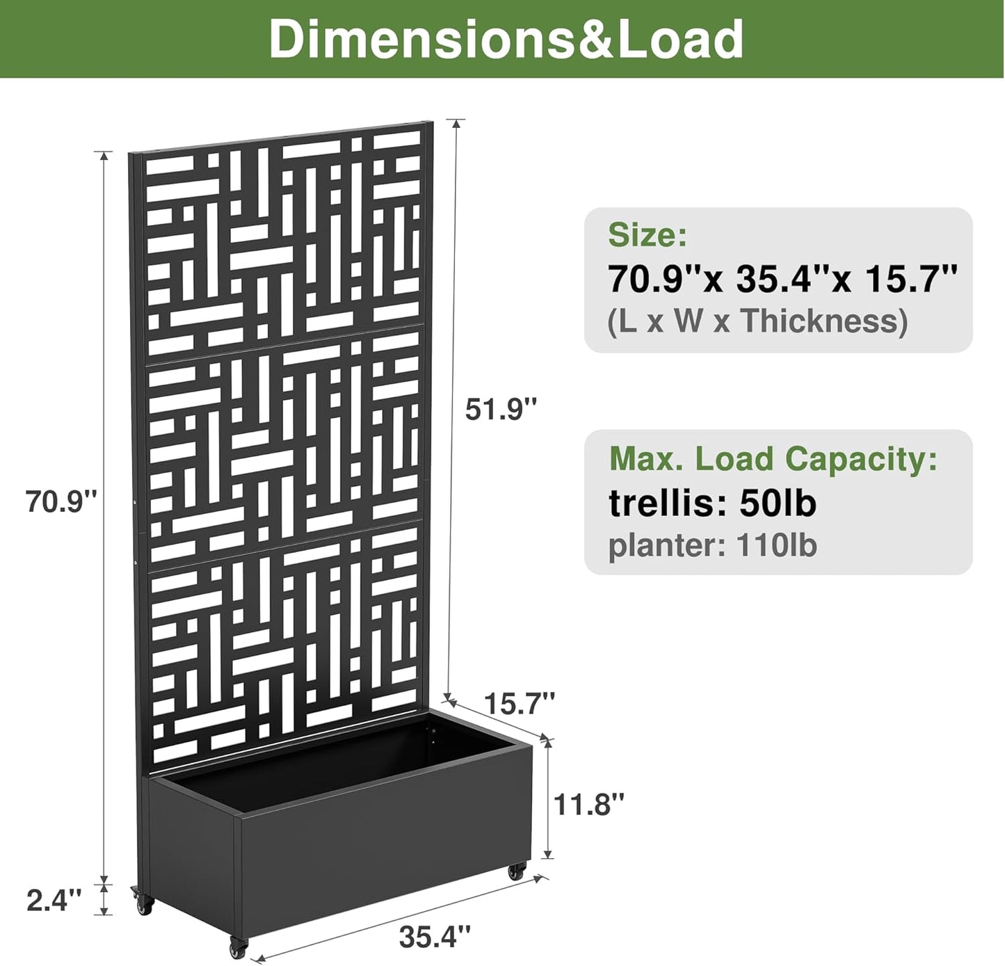 Casaphoria Metal Raised Garden Bed with Trellis and Wheels, 72"x35"x16" Planter Box for Climbing Plants, Vegetables & Vines, Features Drainage Holes and Privacy Screen (Black-Helen)