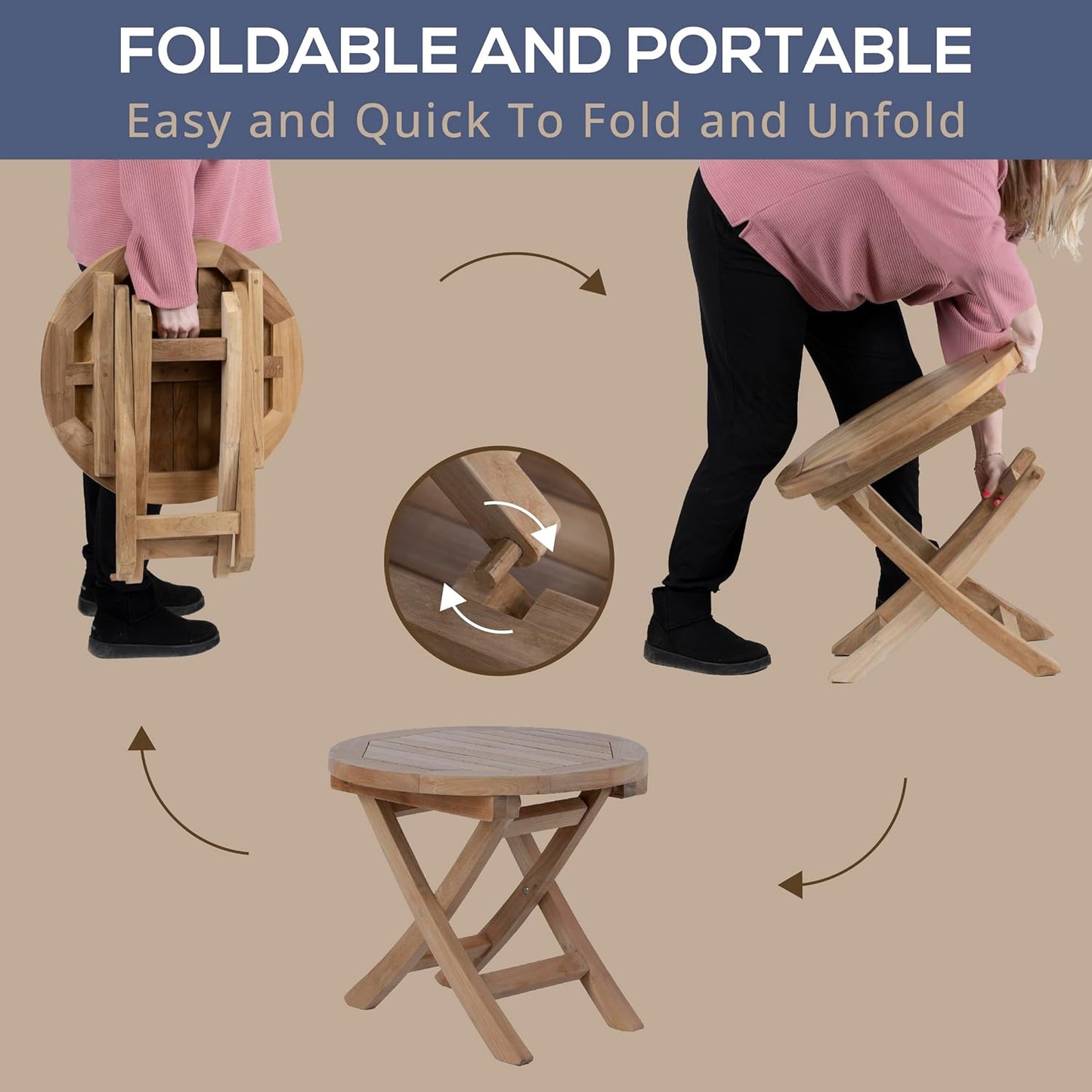 Teak Wood Folding 20”-Inch Outdoor Coffee Table - Perfect for Camping & Outdoor Entertaining - Ideal for Backyard, Front Porch, Balcony (Round)