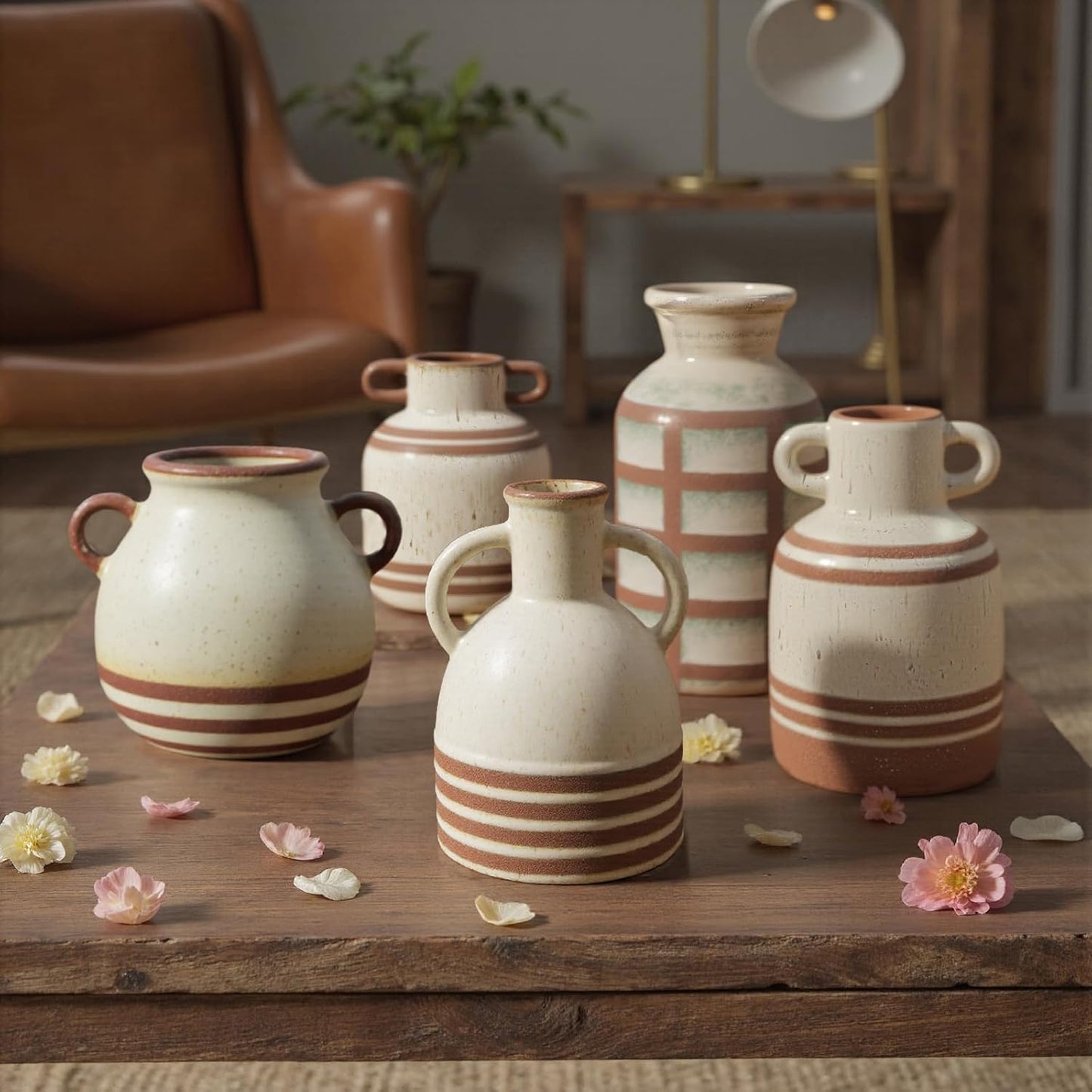 Rustic Farmhouse Ceramic Vase, Pastoral with 2 Ear Design, Boho Vintage Terracotta Vases for Bouquet、Fake Plants, Suitable for Home Decor, Shelf, Dining Table, Living Room, Mantle, Bathroom, 5.9 Inch