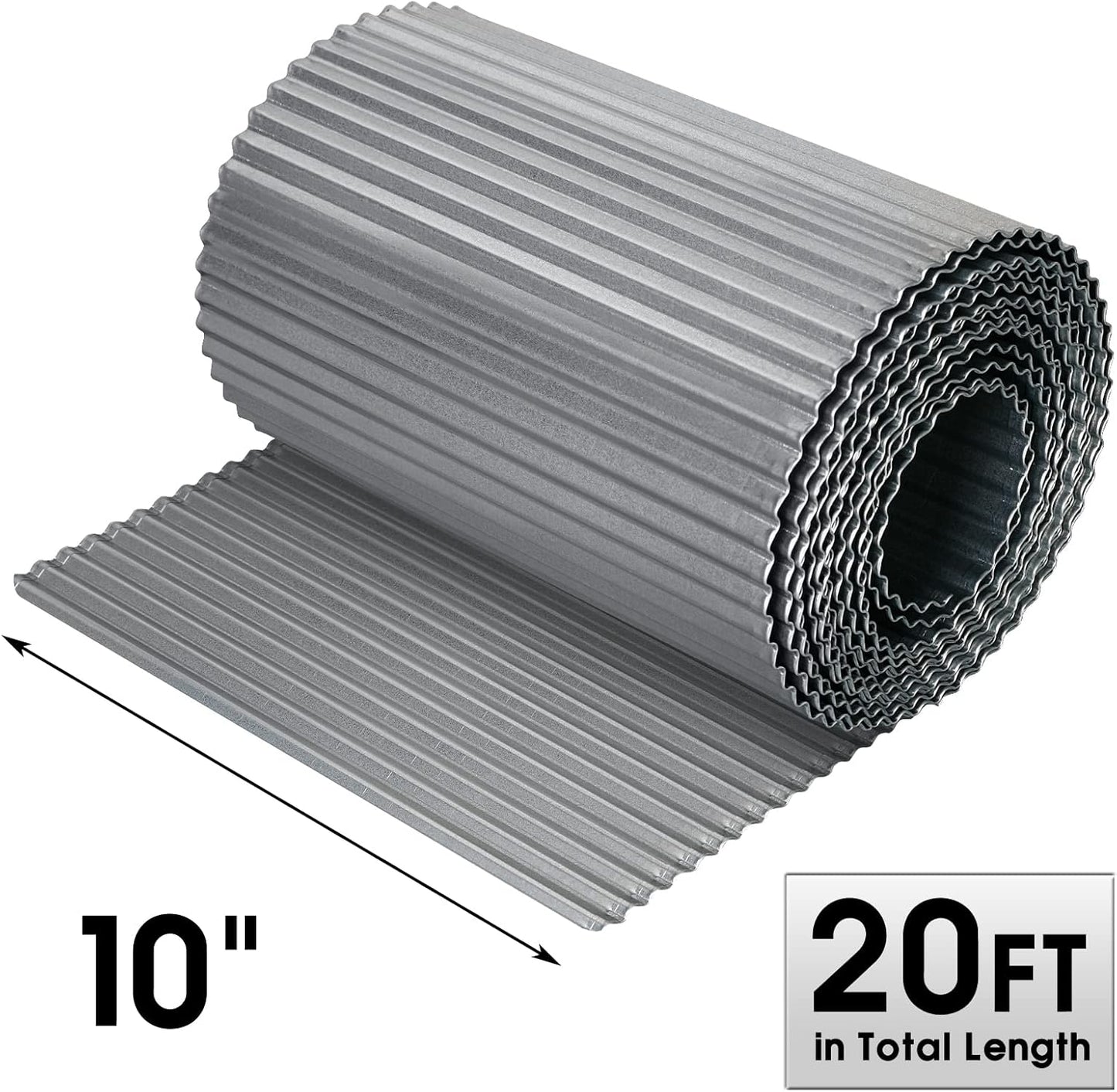 Worth Narrow-Corrugated Landscape Edging, 10" x 20Ft Galvanized Steel Sturdy Flexible Garden Edging Lawn Border for Raised Flower Bed Tree Fence Surrounds, Silver