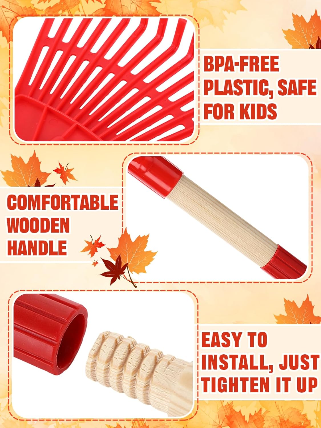 Acostop 2 Pcs Kids Rakes with Wood Handle - 34" Lightweight Plastic Garden Rake for Leaves, Safe to Use Kid Yard Tools for Boys Girls Fall Gardening Gifts (Red)