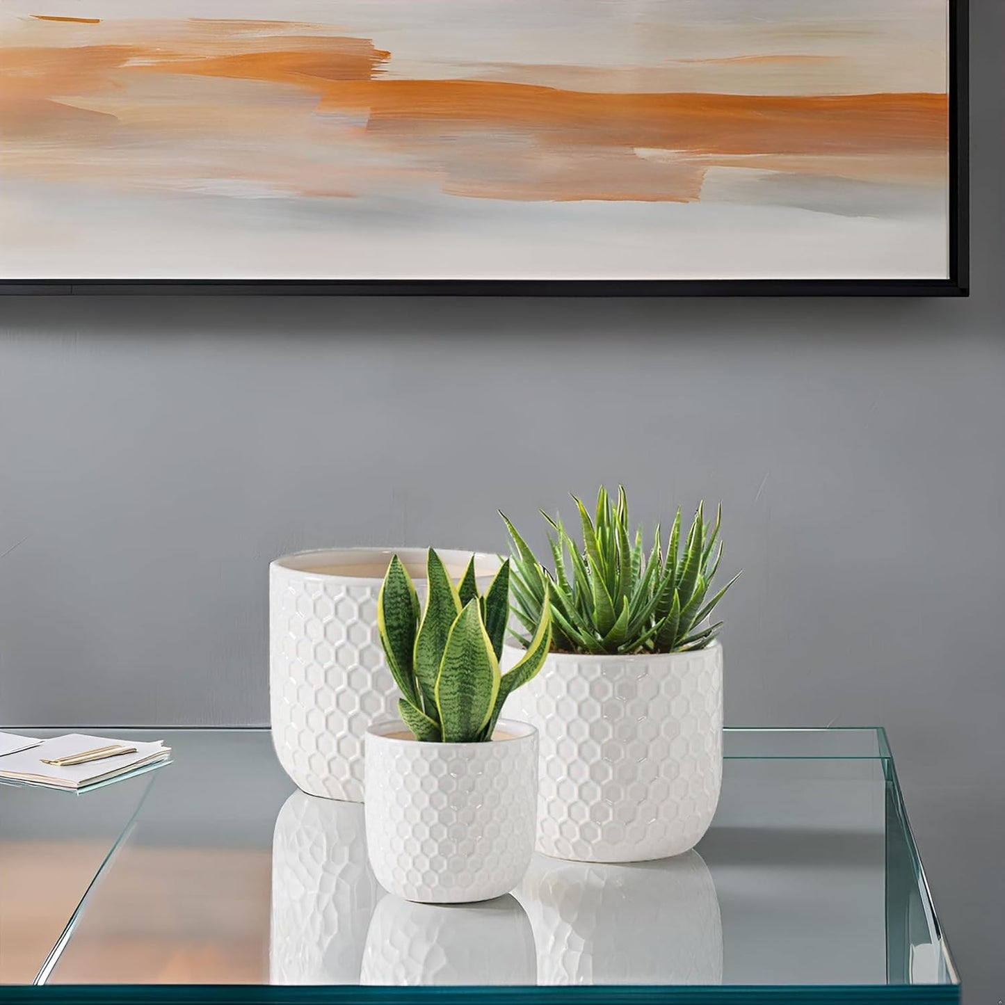 Docrin Plant Pots Indoor with Drainage: 6.4+5.3+4 Inch Ceramic Flower Pots for Plants - Set of 3 Modern Decorative Planters for House/Office/Gift - White Honeycomb