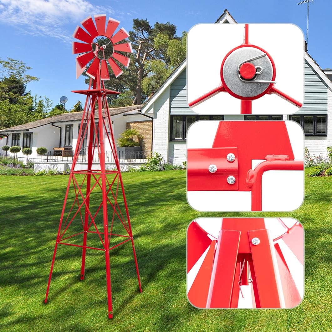 8ft Garden Windmill, Heavy Duty Durable Metal Weather Vane for Backyard, Ornamental Windmill for Yard Weather Resistant (Red, 8FT)