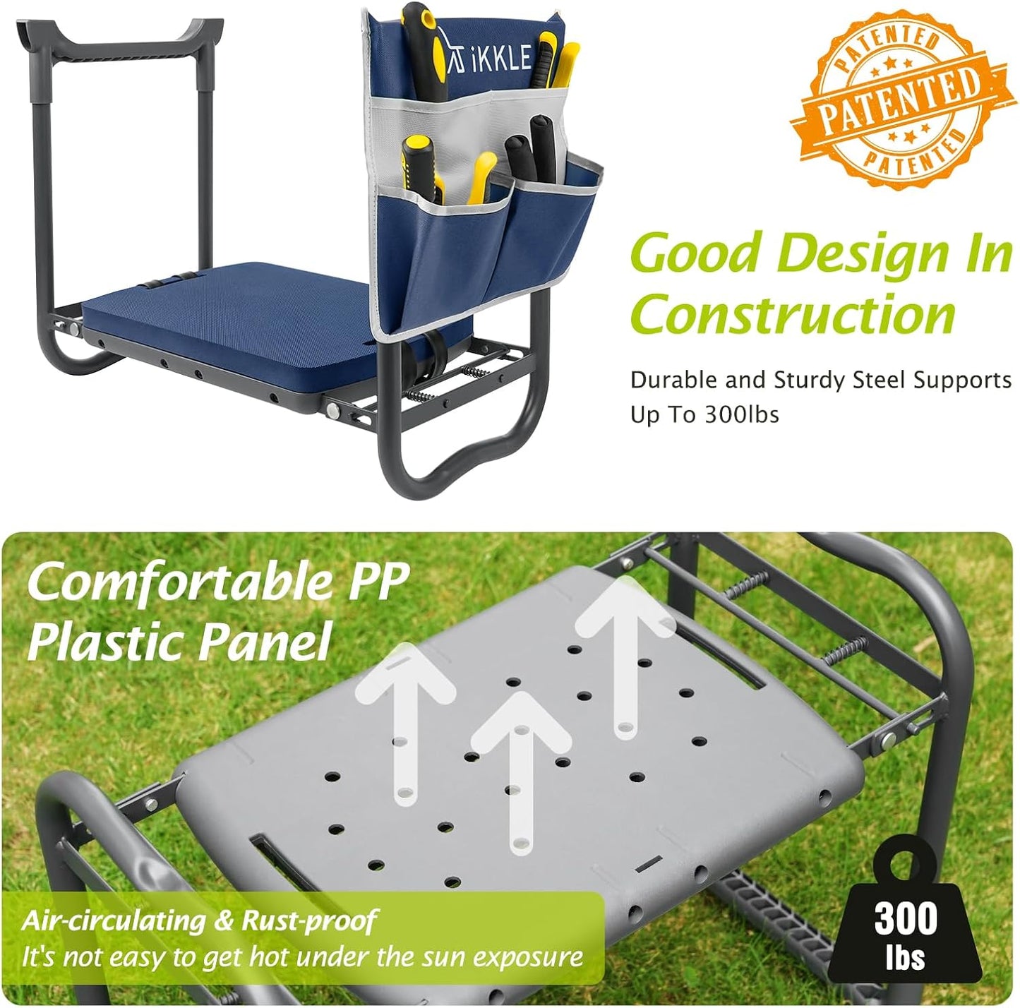 ikkle Garden Kneeler and Seat Gardening Stool Kneeler Folding Gardening Bench with Thicker Detachable Kneeling Pad and Tool Store Pouches (Blue)