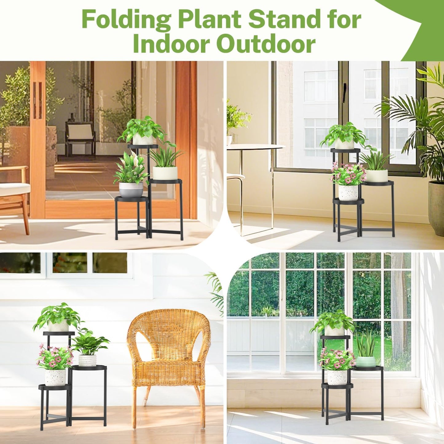 iDavosic.ly 3 Tier Folding Plant Stand Indoor Outdoor with Plastic Tray, Tiered Corner Flower Holder Shelf, Metal Orchid Display Rack for Patio Porch Living Room Garden Balcony, Modern Black