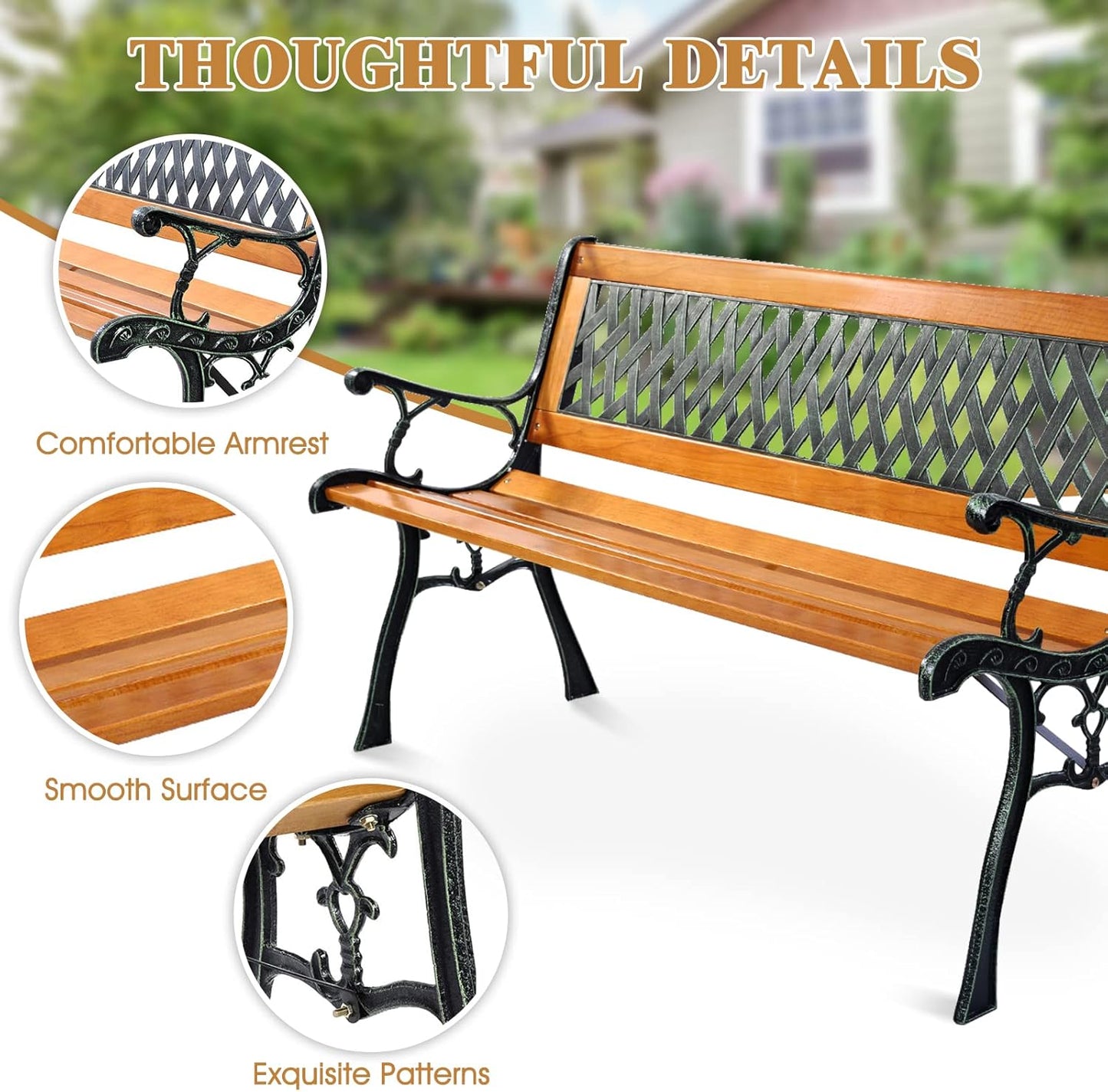 S AFSTAR Garden Bench, 2-3 Person Park Bench with Diamond Weaving Backrest, Pine Porch Bench, 470 LBS Bearing Capacity, Weather Proof Outdoor Bench for Backyard Deck Lawn Poolside