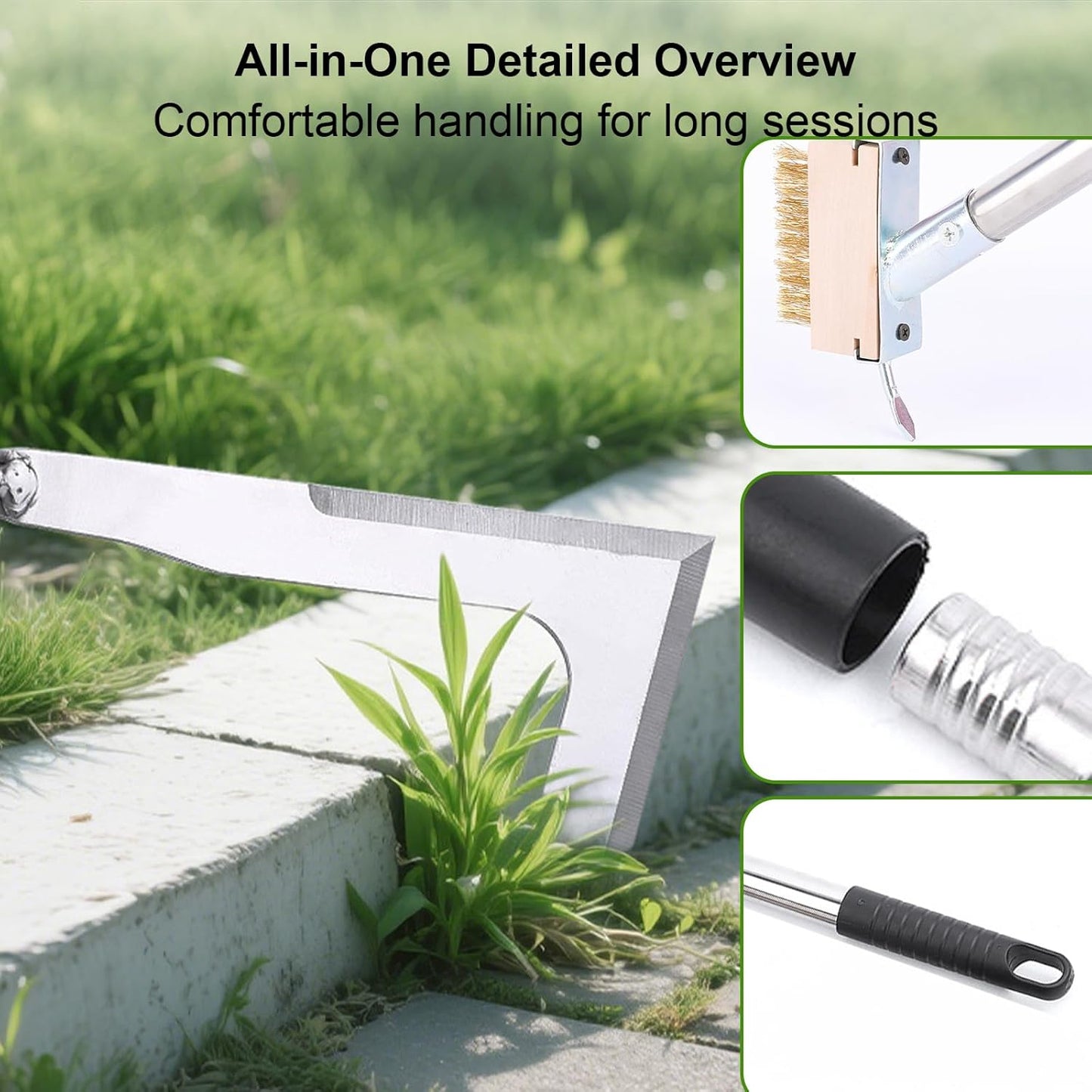 Long Handle Crack Weeder Tool Set with Adjustable 63 inch Handle, 2-in-1 Stainless Steel Crevice Weeding Tool & Brush for Weed and Moss Removal from Patios, Driveways, Sidewalk Cracks