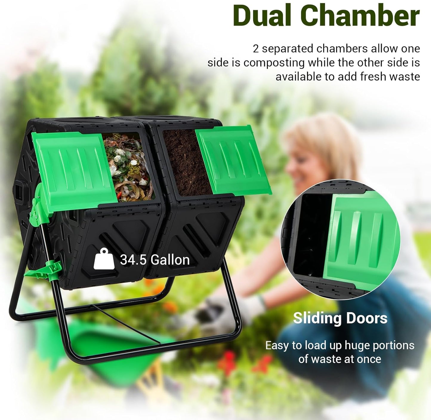 Goplus Compost Bin, Dual Chamber 34.5 Gal Compost Tumbler with 2 Rotating Chambers, Sliding Doors, High-Volume Outdoor Garden Composter, Rotating Composting Bin for Garden Yard, BPA Free