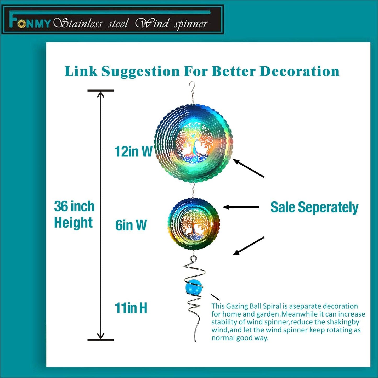 FONMY Stainless Steel Wind Spinner Worth Gift Indoor Outdoor Garden Decoration Crafts Ornaments,6 Inch Multi Color Tree of Life Wind Spinners