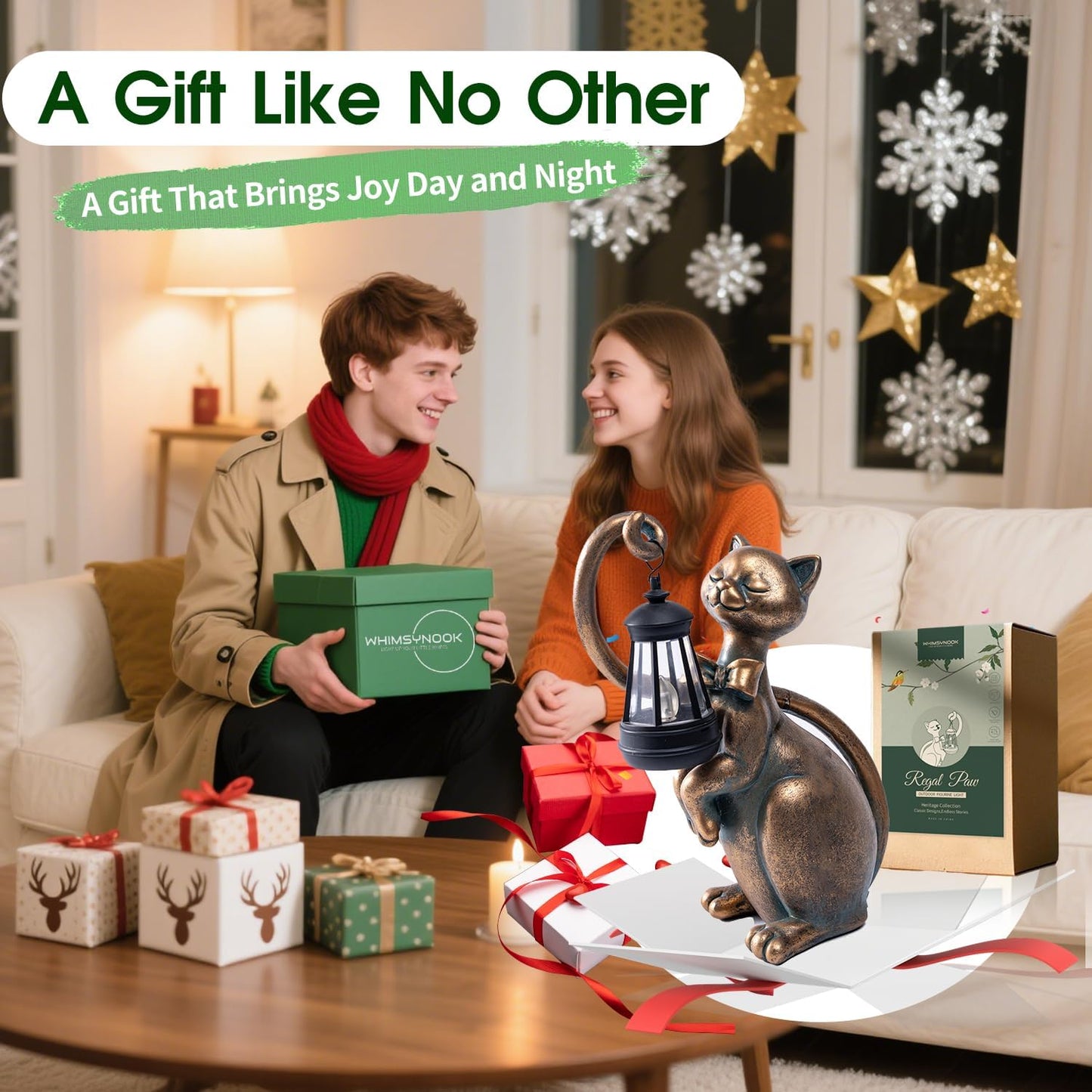 WHIMSYNOOK 10.7" Bronze Cat Solar Garden Statue Light – Cute Kitty Design, Bronze Finish, Solar-Powered LED, Outdoor Yard & Lawn Décor, for Cat Lovers, Mom, and Garden Enthusiasts