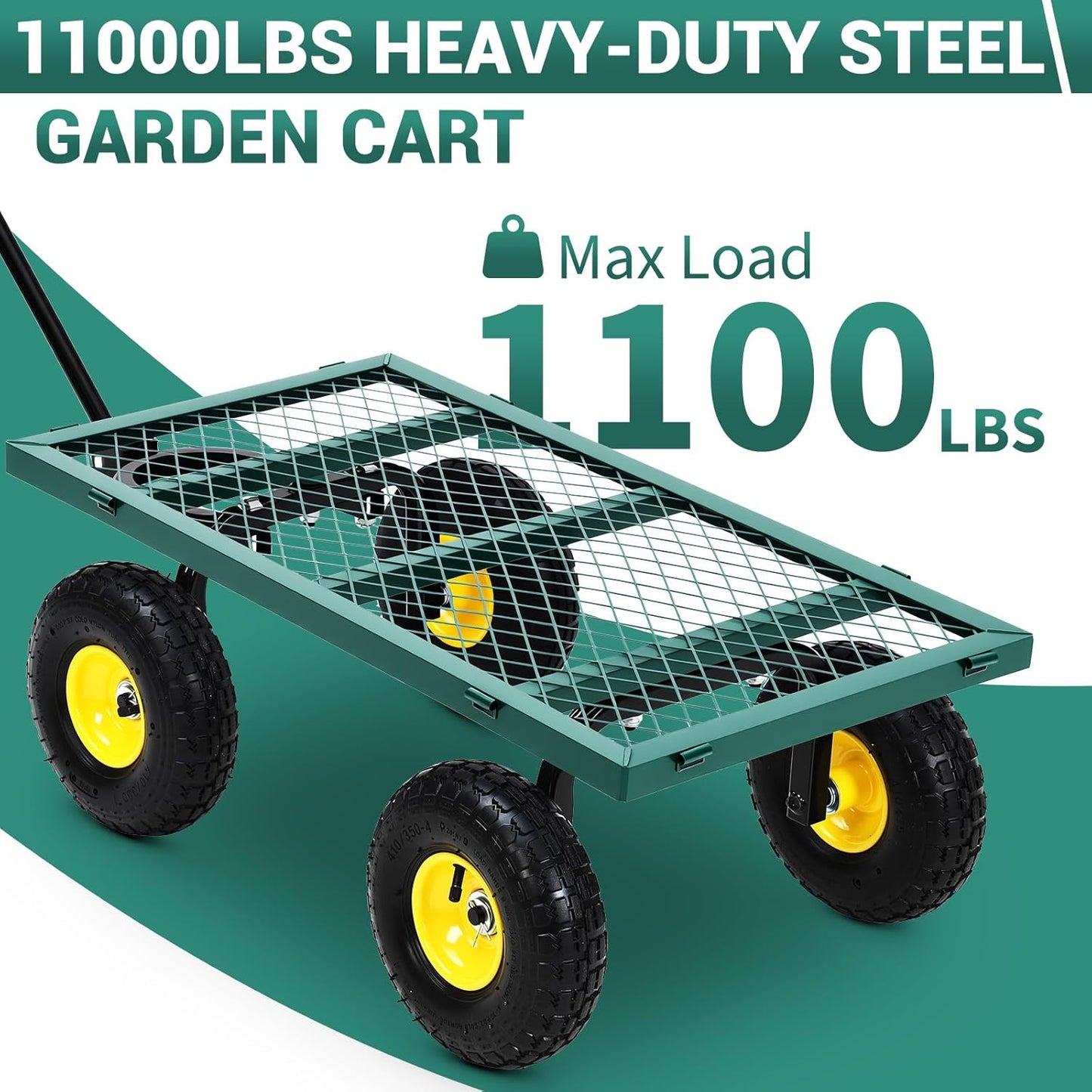 1100 Lbs Steel Garden Cart. Heavy Duty Metal Garden Wagon with 10" Wheels, Pullable Metal Garden Wagon with 180° Rotating Handle and Removable Sides for Farm, Yard