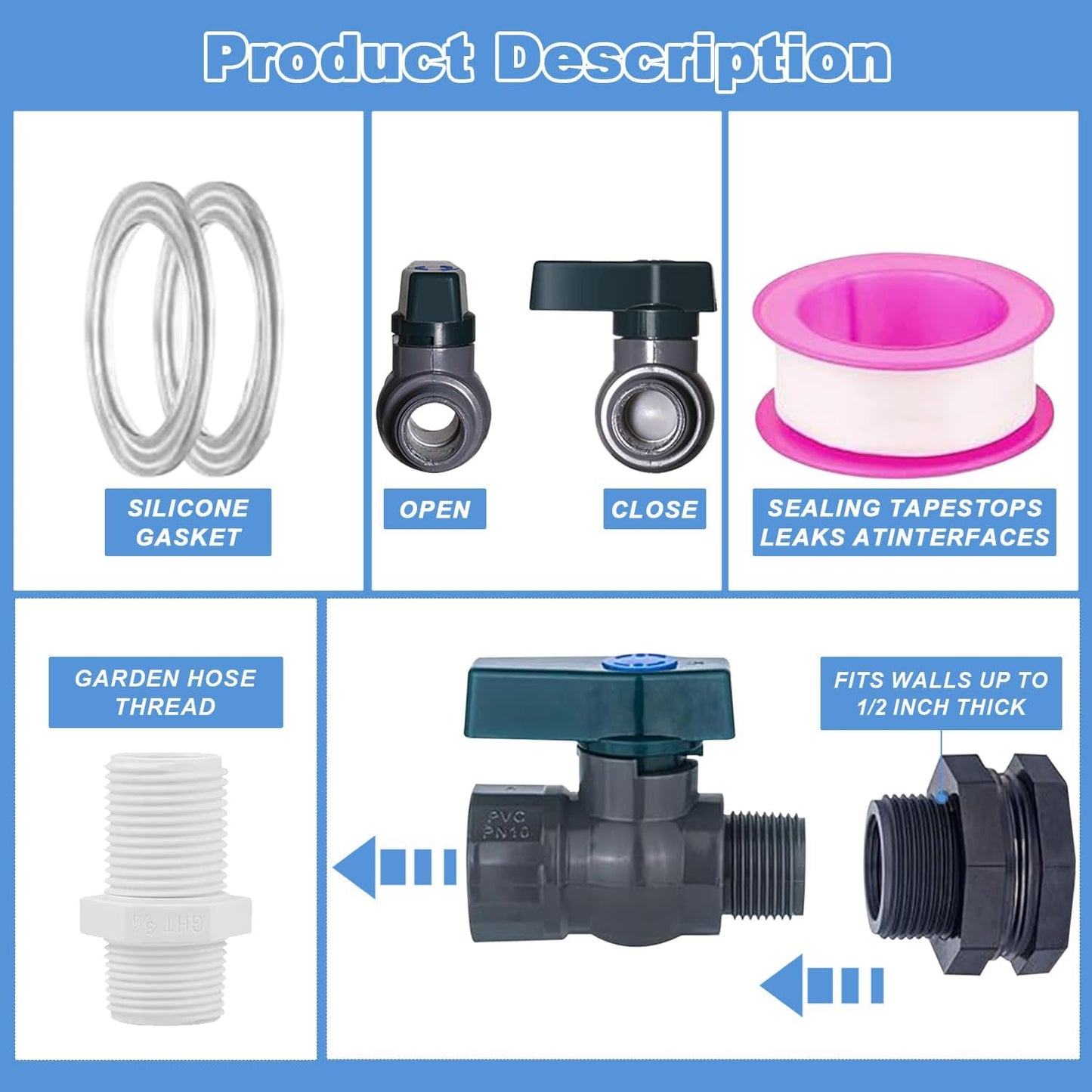 Enoch's Land PVC Rain Barrel Spigot Kit,3/4" Rain Barrel Valve with Bulkhead Fitting and Garden Hose Adapter,Garden Faucet Kit for Water Tanks, Aquariums, Tubs, Pools, Garden Barrels