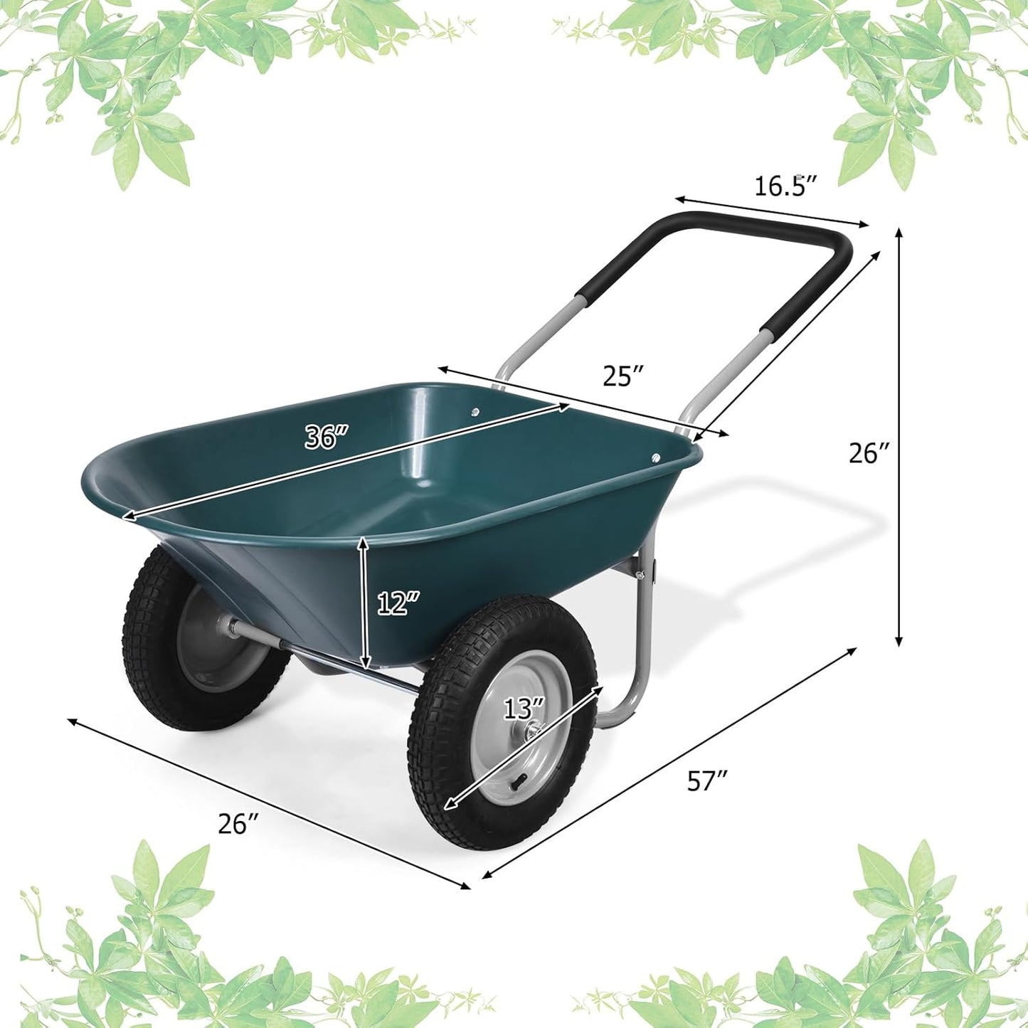 ERGOMASTER Dual-Wheel Wheelbarrow, Home Utility Garden Cart, 330 LBS Capacity, Large Heavy Duty Yard Cart for Gardening & Planting, Lawn, Farm, Construction Site, Green
