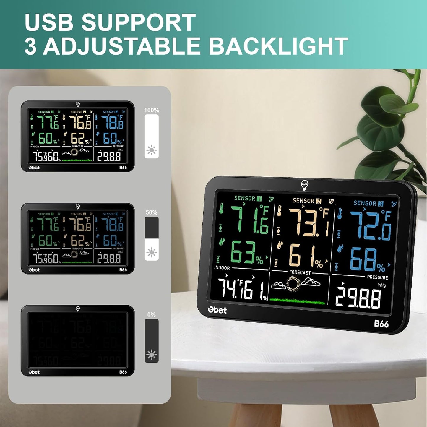 OBET Weather Station Wireless Indoor Outdoor Thermometer with 3 Sensors, Temperature Humidity Monitor with Alerts 500ft Range and 3 Adjustable Brightness