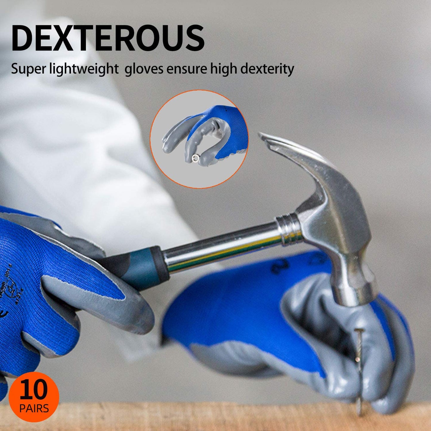 Vgo... 10-Pairs Safety Work Gloves, Gardening Gloves, Non-slip Nitrile coating, Dipping Gloves (Size XL, Blue, NT2110)