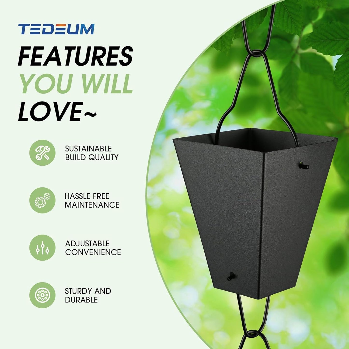 TE DEUM Square Link Rain Chain, 8.5 Feet Length, 3.7inch Big Size Cup, Black Powder Coated, Functional and Decorative Replacement for Gutter Downspouts, V Gutter Clip Included, Black