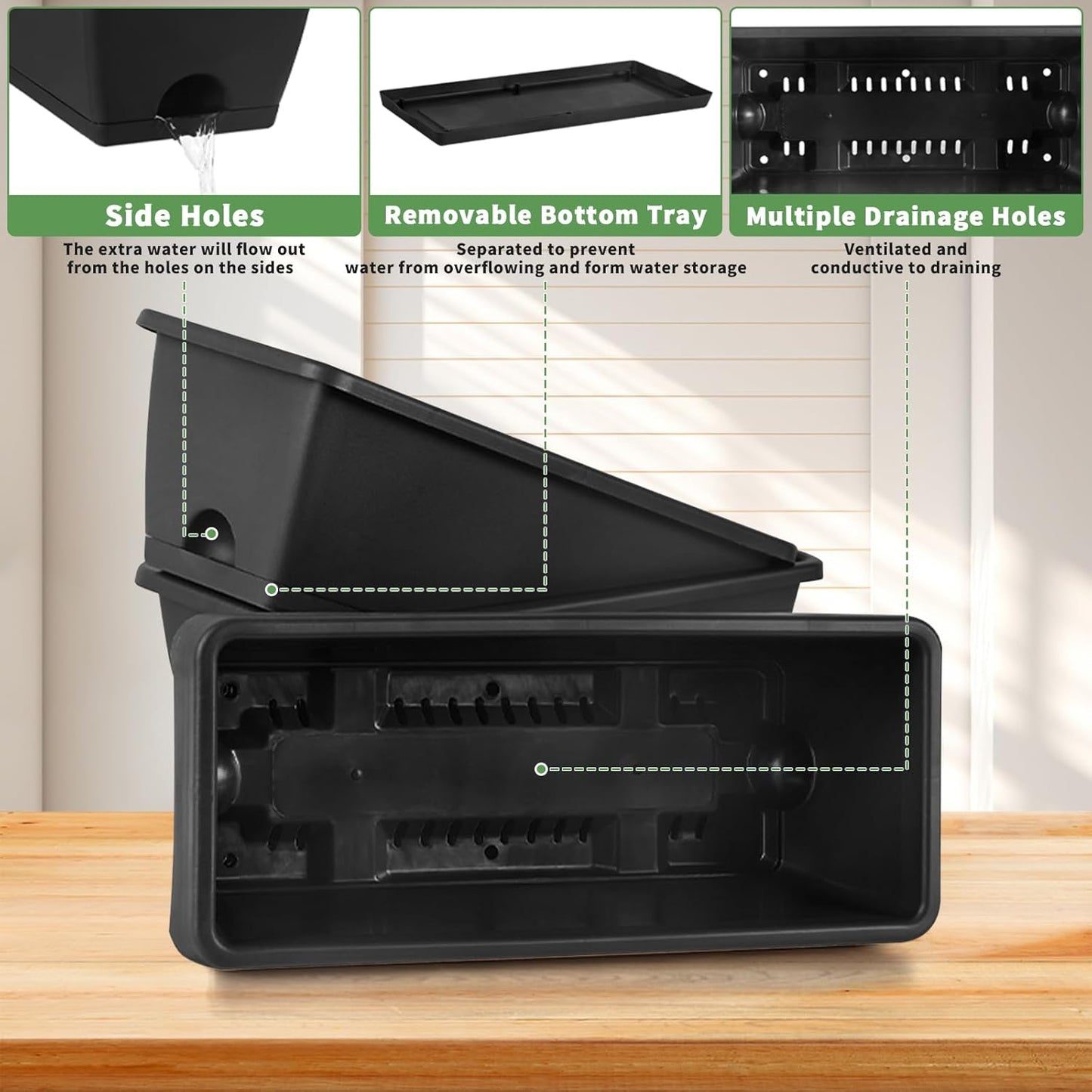 HAITRAL Hanging Planters for Outdoor Plants,Deck Railing Planter Boxes Countryside Style Window Boxes Planters, Balcony Flower Pots Plastic Railing Planter with Metal Brackets for Fence,Black 4 Pcs