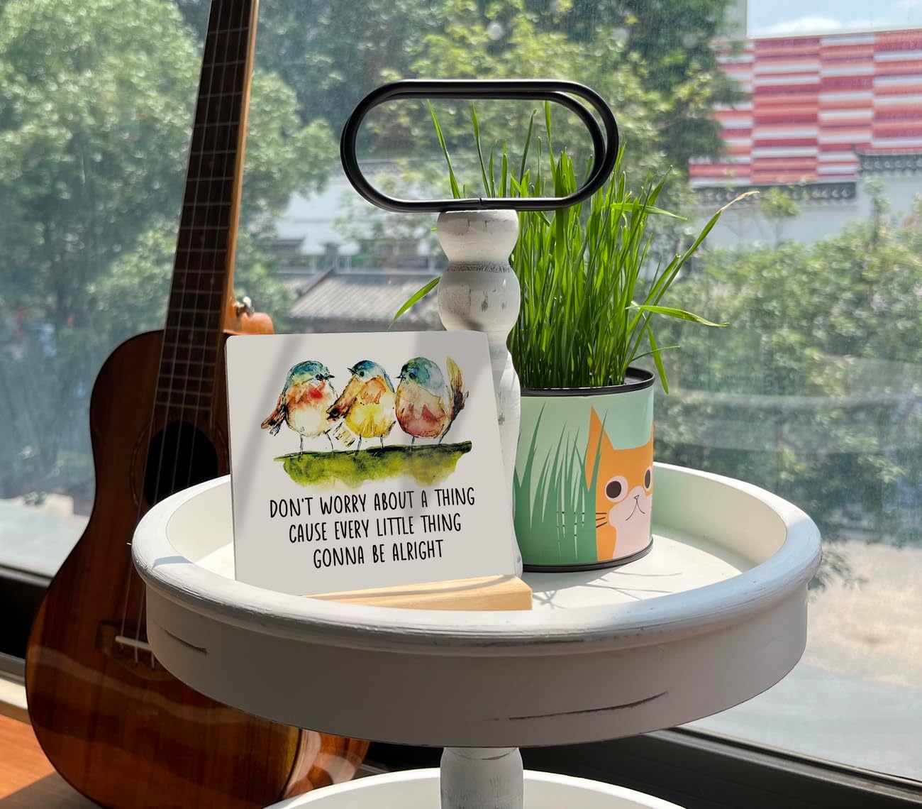 Primitive Wooden Sign, Don't Worry about A Thing Cause Every Little Thing Gonna Be Alright, Desk Plaque with Wooden Stand 4 x 4.3 inches, Three Little Birds Decor for Home Farmhouse, Gift for Friends