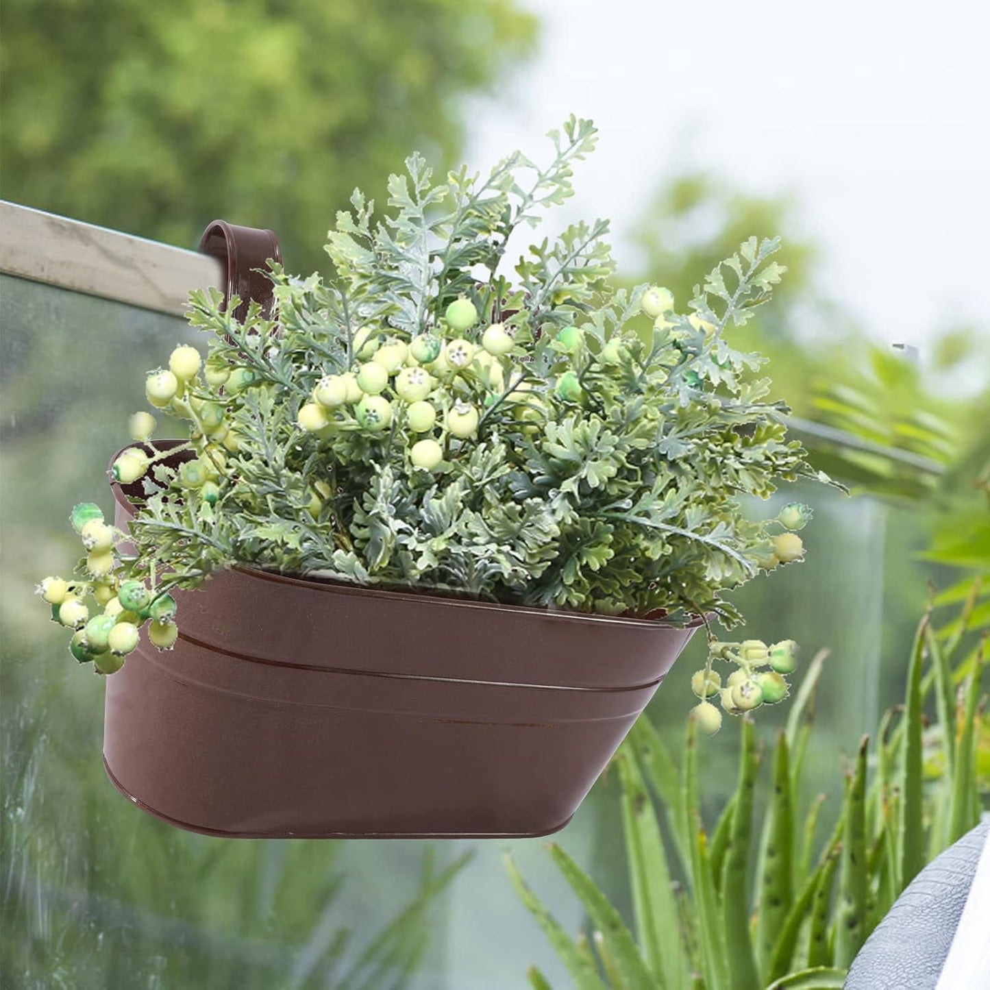 Metal Iron Flower Pots for Railing Fence Hanging Bucket Pots(5 Pcs) and Hanging Flower Pots Metal Iron Bucket Planter(10 Pcs) (Bronze)