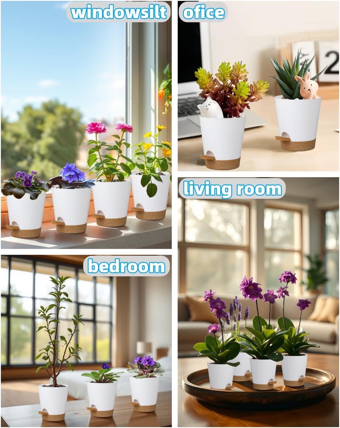 12 Pack 4 Inch Self Watering Plant Pots with Drainage and Saucers,Plastic Flower Pots for Indoor and Outdoor Plants, Nursery Planters for Houseplants and Herbs White Brown, 4 inch 12pcs