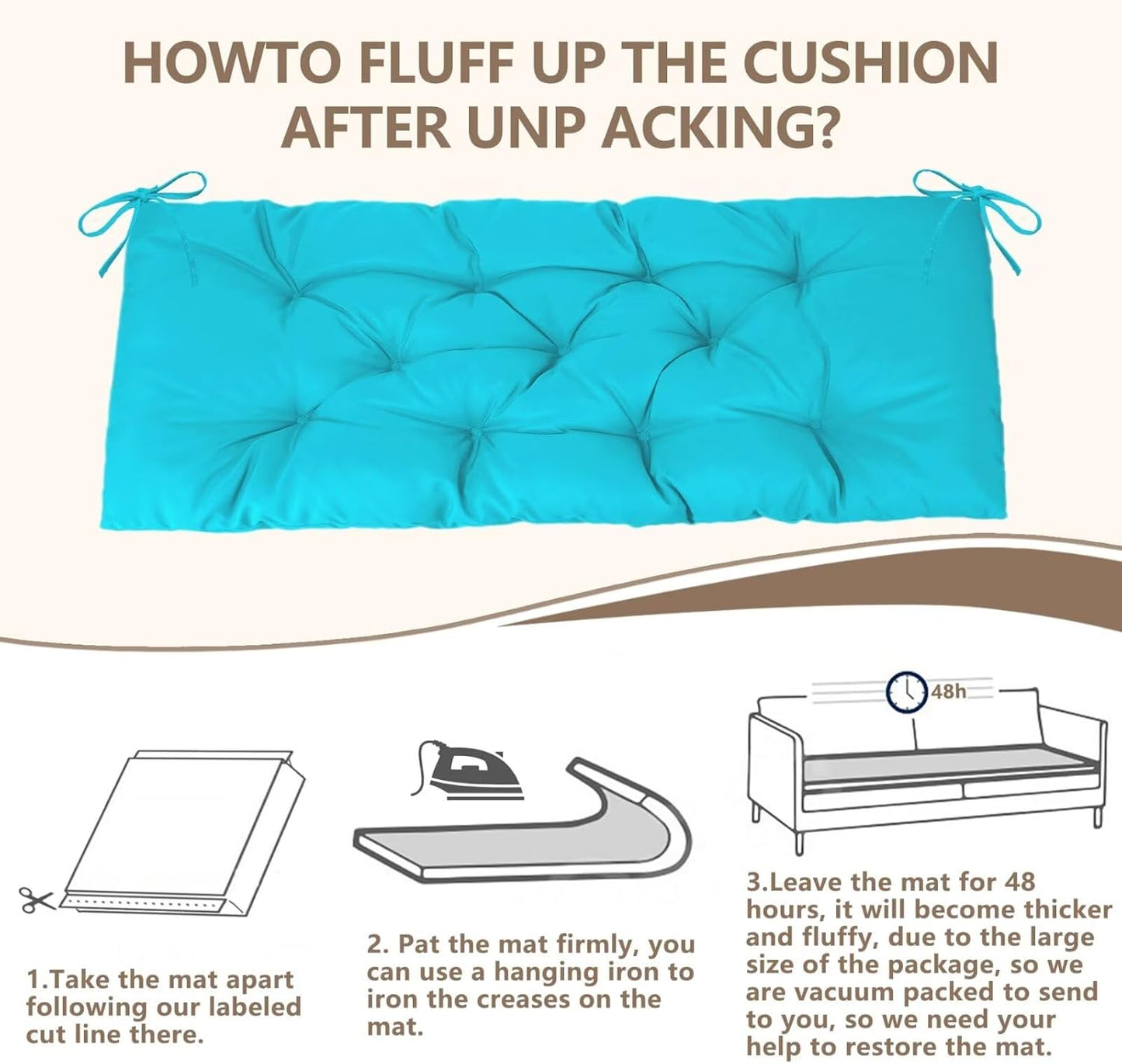 Waterproof Indoor/Outdoor Garden Bench Seat Cushions,Thicken Patio Bench Soft Rocking Chairs Pad Lounger Seat for Wicker Loveseat Settee(59 X 19.6 in,Turquoise