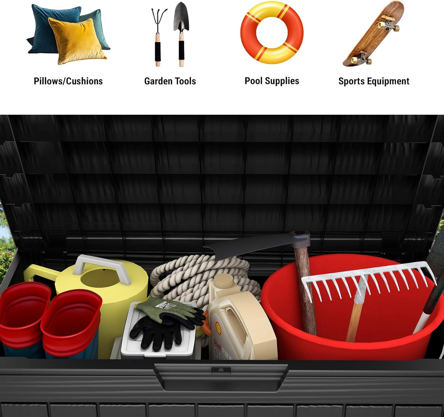 Mars Villa 45 Gallon Outdoor Storage Box, Resin Deck Box Waterproof, Storage Chest for Outside Patio Furniture Cushions, Pool Supplies, Garden Tools, UV Resistant and Weatherproof, Black