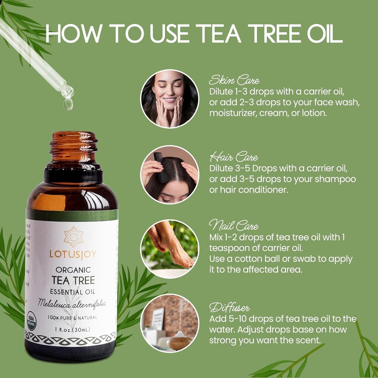 Organic Tea Tree Oil for Skin, Hair, Face, Scalp, Nails, 100% Pure Australian Tea Tree Essential Oil for Room Linen Spray, Diffuser -1 Oz