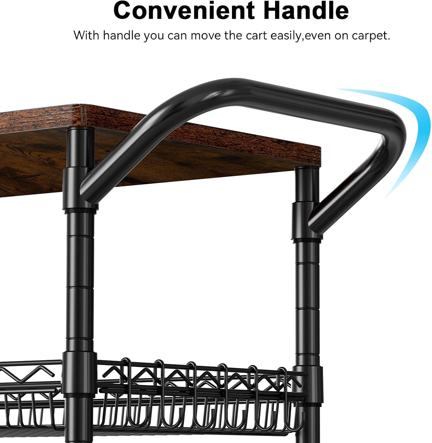 WDT 3 Tier Rolling Carts with Wheels, Heavy Duty Rolling Utility Cart with Wood Tabletop, Commercial Grade Metal Cart with Handle and Hooks, NSF Storage Serving Carts for Kitchen Island, Wood+Metal