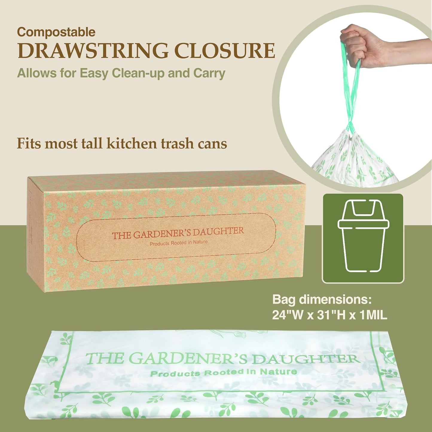 13 Gallon Compostable Trash Bags โ Extra Strong, Drawstring Kitchen Bags (30 Count, White) | Leak-Proof, BPI & TUV Certified, Home Compostable โ Evergreen by The Gardener's Daughter
