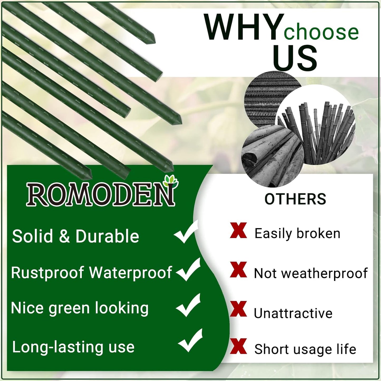 Garden Stakes 48'' Plant Sticks, 50PCS Plastic Coated Steel 4ft Plant Stakes Support for Growing Climbing Plants, Tomato Stakes Gardening Supplies