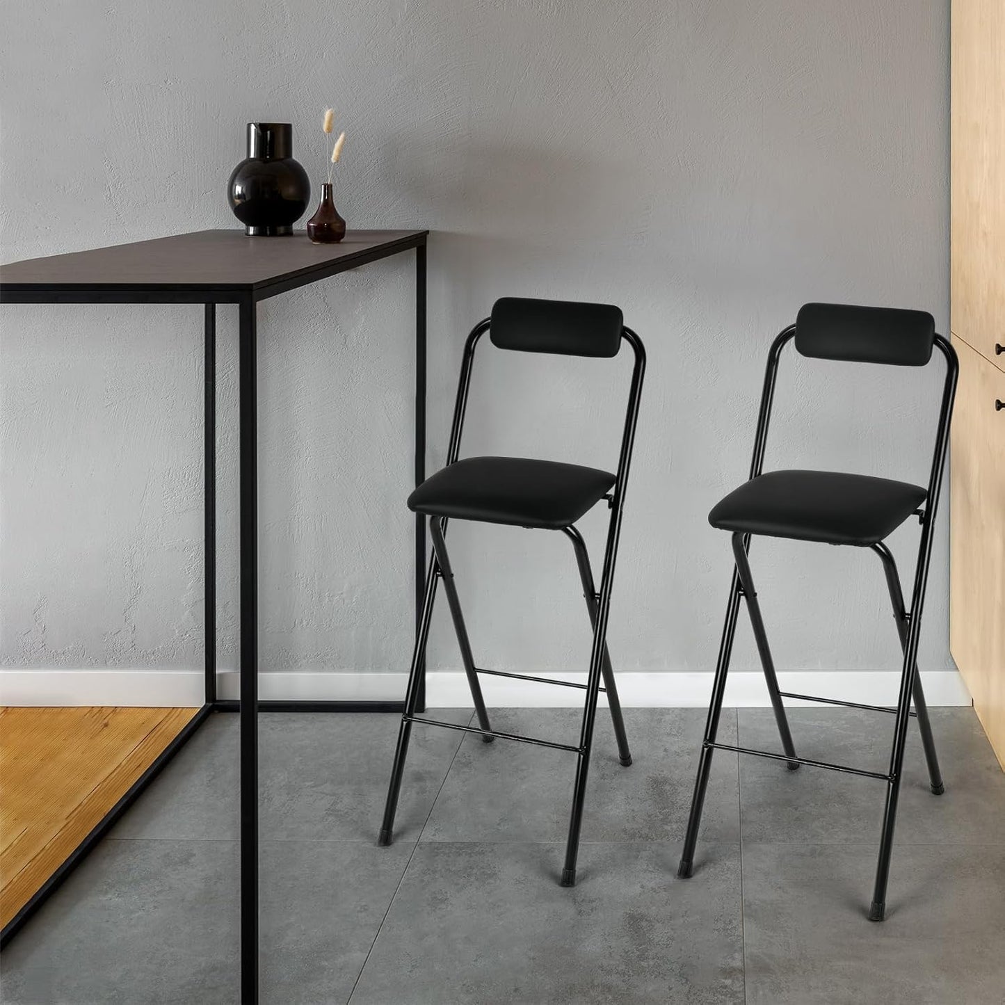 Thyle 2 Pcs Folding Bar Stool with Backrest, Tall Foldable Stool Chair Portable High Folding Bar Chair Counter Height Seat Leather Padded for Kitchen Island Shop Cafe Dining Room Black (27.5 Inch)