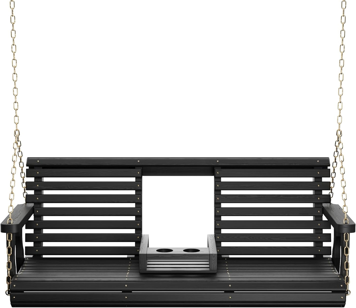 Porchgate Amish Heavy Duty Console Porch Swing with Fold Down Cup Holders in Semi Solid Black Stain - Amish Made in The USA from Treated Pine, Hanging Chains Included