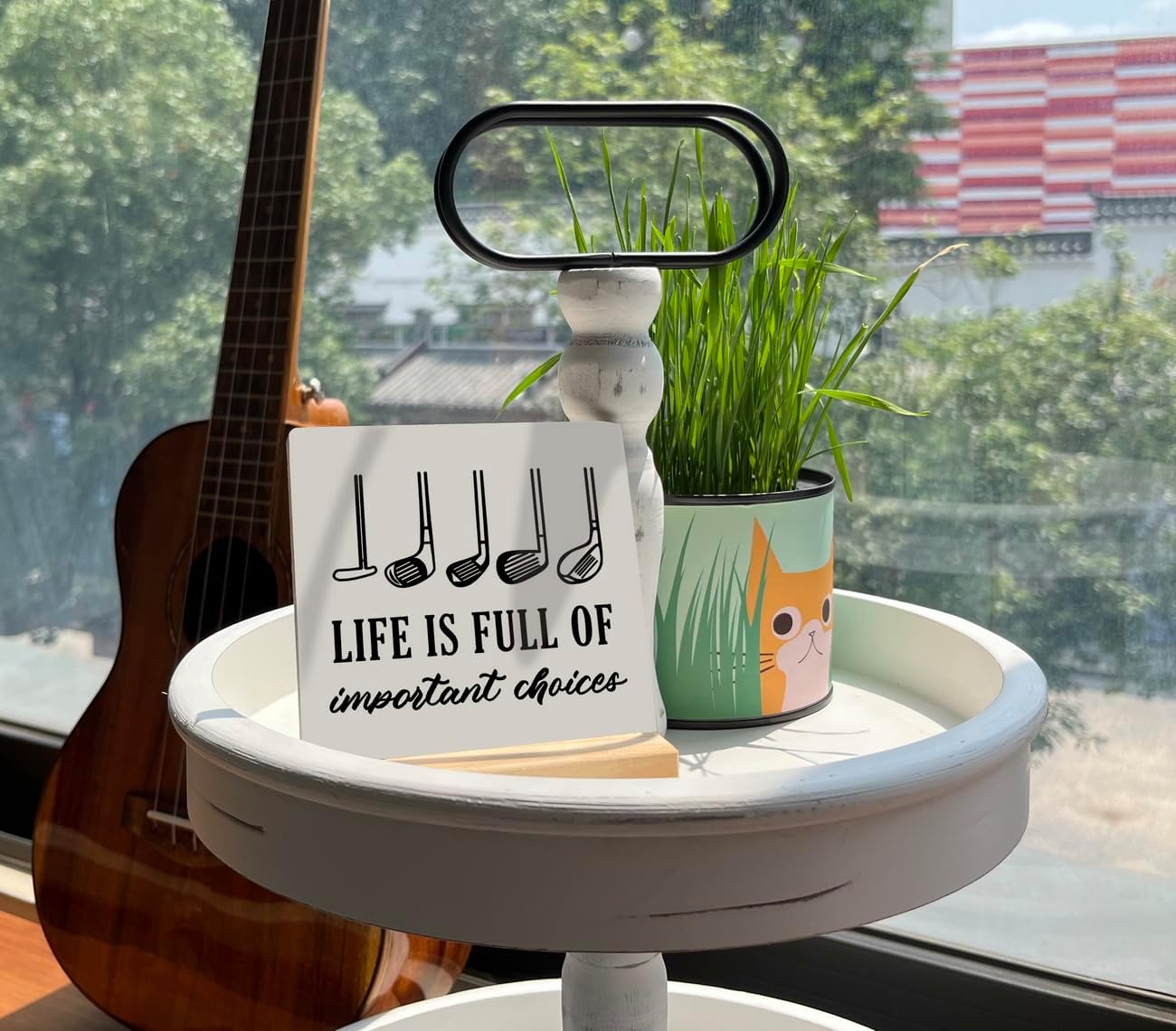 Primitive Wooden Sign - Life is Full of Important Choices, Desk Plaque with Wooden Stand, 4 x 4.3 inches, Golf Life Sign, Office Table Decor, Gift for Friends