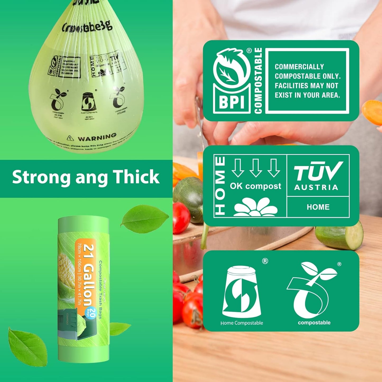 Compostable Trash Bags 21 gallon,20 Count,Extra Thick 1.28 Mills,Fits13-25 gallon trash can, Extra Strong and thick,Compostable Lawn & Leaf Yard Waste bags,ASTM D6400,Bpi Certified