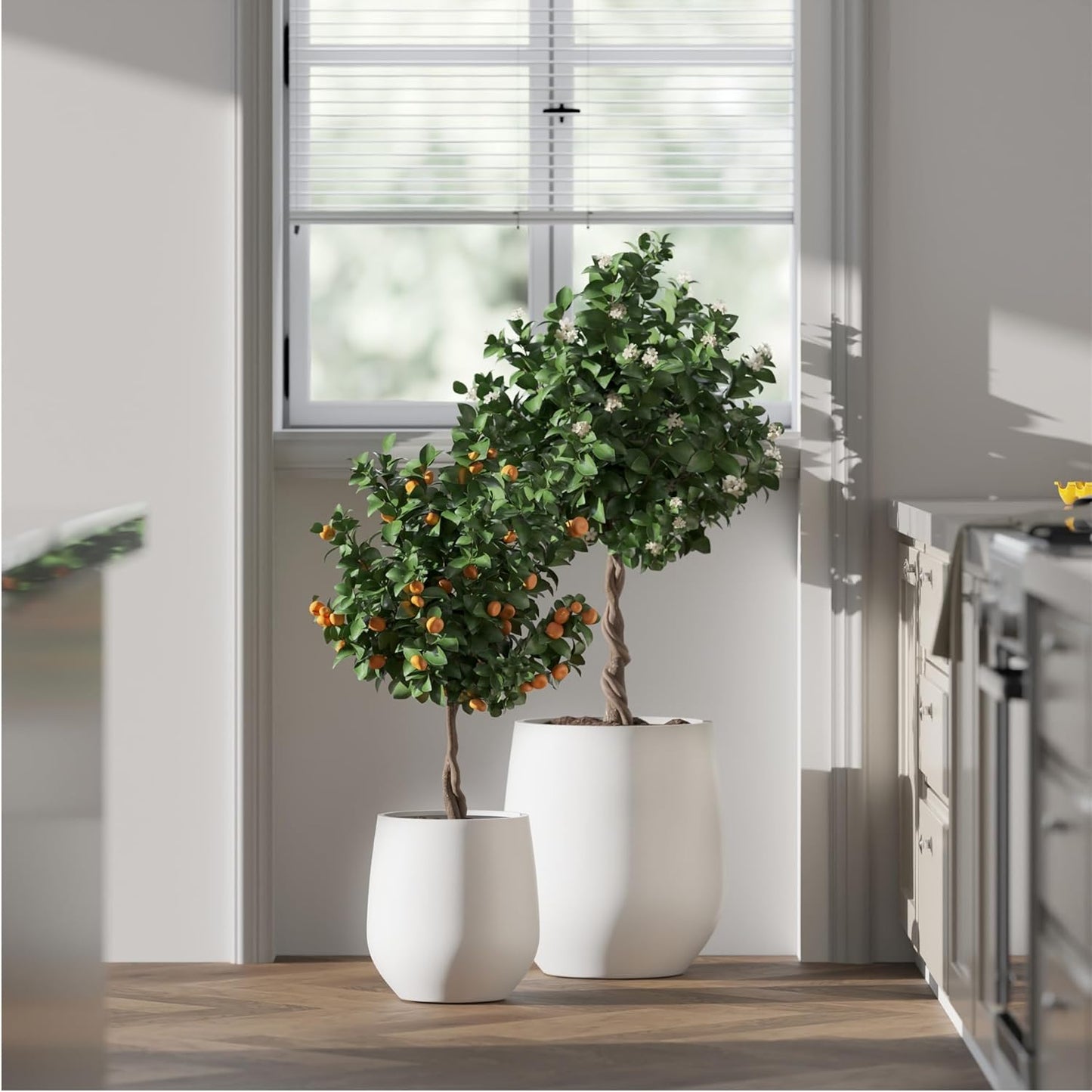 DTY Signature Mount Wilson Lightweight and Durable Modern Fiberstone Tapered Planter for Indoor Outdoor Drainage Hole & Rubber Plug Weather Resistant, 21.7" H x 20" Dia,15.7" Opening - Large, White